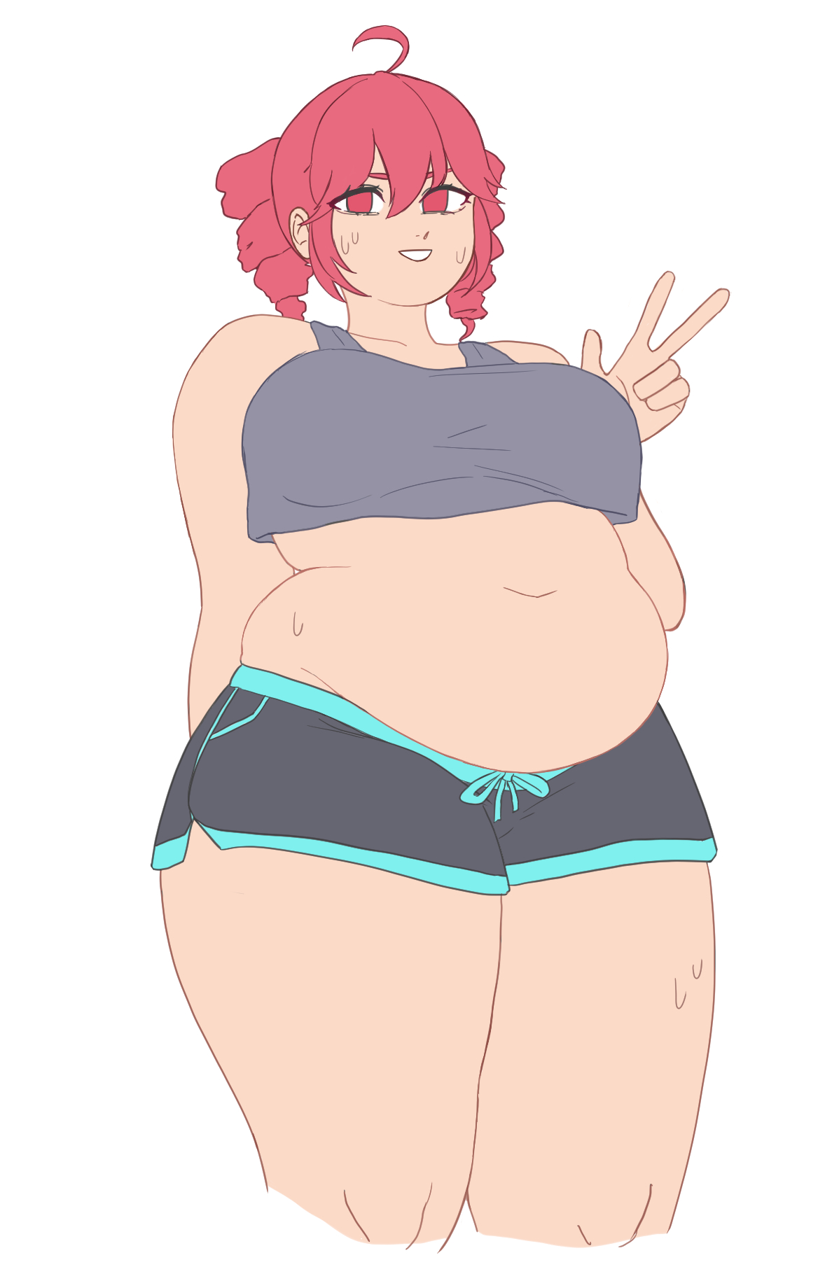 ahoge, belly, belly overhang, big breasts, bloated belly, breasts, chubby, chubby belly, chubby female, clothed female, crop top, drill hair, fatass teto, female, huge breasts, kasane teto, nervous smile, peace sign, piengoo, plump, red eyes, red hair, sweatdrop, thick ass, thick legs, thick thighs, wide hips