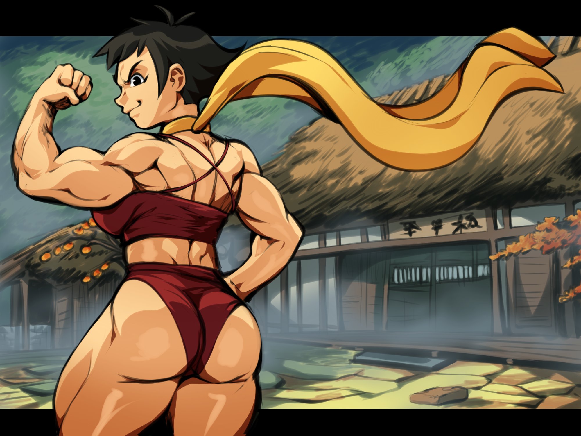 1girls, arms up, ass, ass focus, big ass, big breasts, black eyes, black hair, bra, breasts, capcom, clothing, dark skin, female, female focus, female only, flexing, from behind, huge ass, human, looking at viewer, looking back, makoto (street fighter), muscular, muscular female, nina kittie, nonsexual, outdoors, panties, short hair, smile, solo, solo female, solo focus, street fighter, thick, thick ass, thick thighs, tomboy
