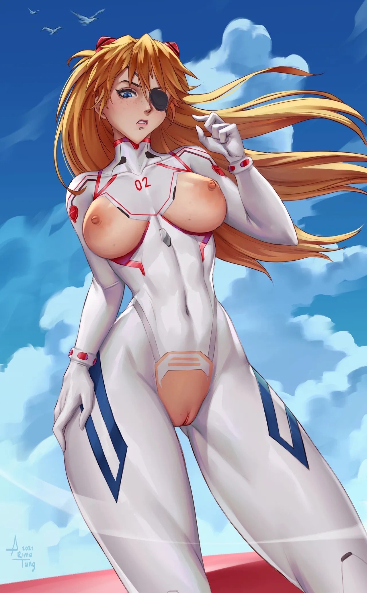 1girls, absurd res, arimatang, artist signature, asuka langley sohryu, belly button, big breasts, big thighs, blue eyes, blue sky, bodysuit, breasts, breasts bigger than head, breasts out, busty, busty female, clothing, curvaceous, curvy, curvy body, curvy female, curvy figure, curvy hips, eye patch, female, female focus, female only, freckles, hand on hip, heart, heart pasties, hi res, huge breasts, huge thighs, human, large breasts, light skin, light-skinned female, long hair, looking at viewer, neon genesis evangelion, orange hair, pasties, pilot suit, plugsuit, rebuild of evangelion, ripped clothing, skin tight, solo, solo female, thick legs, thick thighs, thunder thighs, thunderthighs, tight bodysuit, tight clothing, tits bigger than head, tits out, toned, toned female, torn clothes, wide hips, wide thighs