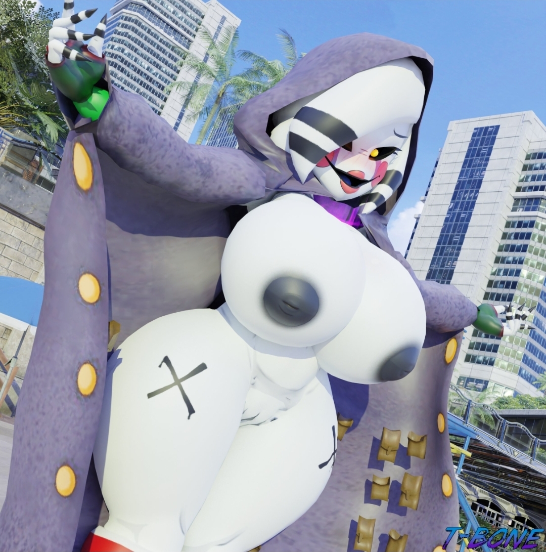 1girls, 3d, 3d (artwork), artist signature, beach, black nipples, breasts, breasts out, female, female only, five nights at freddy's, huge breasts, large nipples, marie (cally3d), marie (cryptia), merchant (cosplay), nipples, opening shirt, puppet (fnaf), pussy, resident evil, resident evil 4, robe, smiling at viewer, smug, solo, solo female, stockings, t-bone589, tagme, thick thighs, thighs, yellow eyes