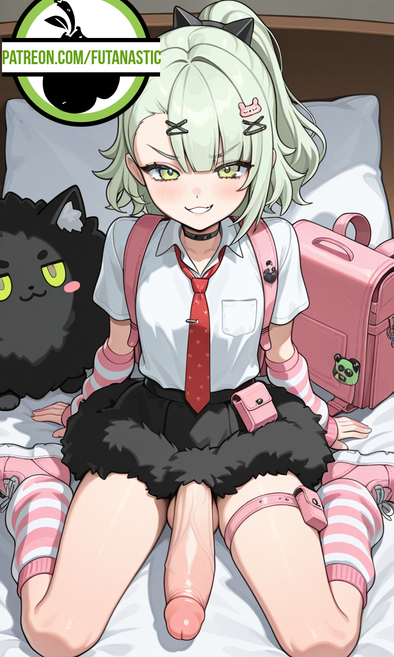 1futa, ai generated, angels of delusion, bed, big penis, chinatsu remiel, evil grin, futa only, futanari, green eyes, green hair, huge cock, petite, petite body, petite female, school uniform, schoolgirl, skirt, small breasts, smaller female, smug, socks, spread legs, sunna (zenless zone zero), thigh strap, tie, veiny penis, younger futa, zenless zone zero
