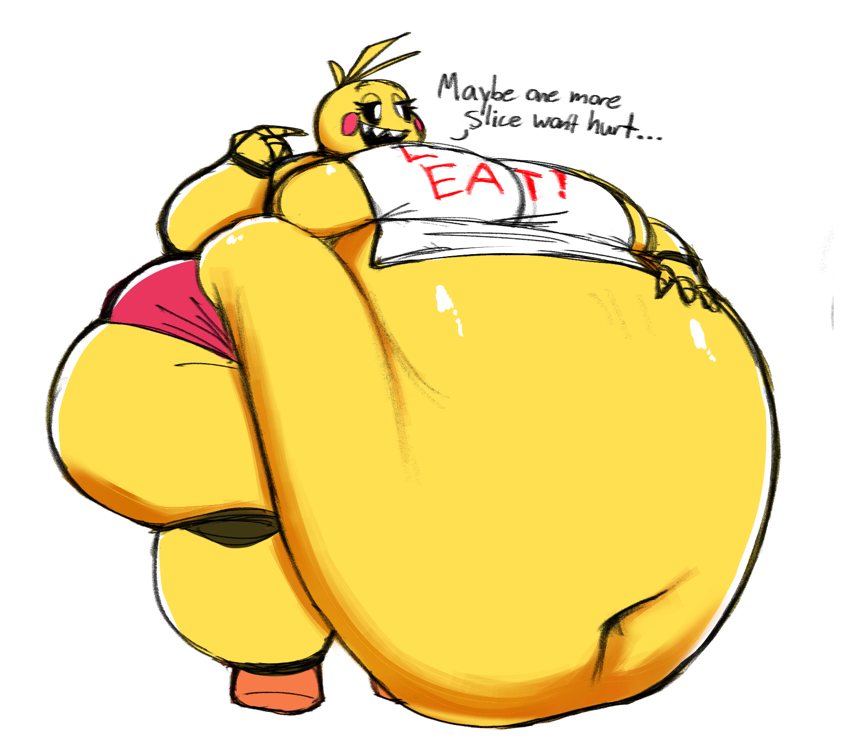 2025, animatronic, anthro, avian, belly, belly overhang, big belly, big breasts, bird, black mouth, black sclera, blonde hair, breasts, chicken, clothing, colored, deep navel, digital media (artwork), english text, eyelashes, female, five nights at freddy's, five nights at freddy's 2, galliform, hair, hand on belly, hand on own belly, hi res, huge belly, huge breasts, huge thighs, hyper, hyper belly, hyper breasts, kaboodles, machine, morbidly obese, morbidly obese anthro, morbidly obese female, navel, obese, obese anthro, obese female, open mouth, open smile, overweight, overweight anthro, overweight female, panties, phasianid, pink cheeks, pink clothing, pink panties, pink underwear, robot, robot anthro, scottgames, shaded, sharp teeth, simple background, smile, solo, teeth, text, text on clothing, thick thighs, three-quarter view, tight clothing, toy chica (fnaf), underwear, white background, white bib, white eyes