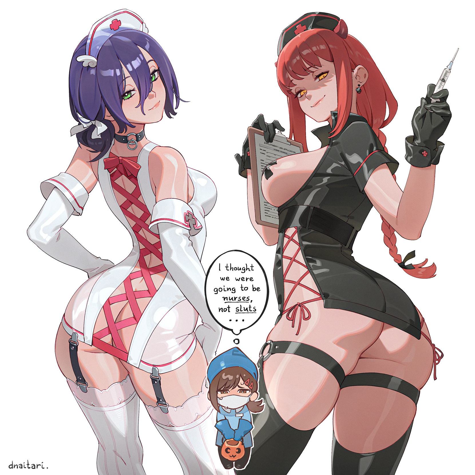 3girls, artist name, ass, ass focus, breasts, chainsaw man, clipboard, covered nipples, dnaitari, english text, female, female only, gloves, green eyes, higashiyama kobeni, light skin, light-skinned female, long hair, looking at viewer, looking back, makima (chainsaw man), medium breasts, nurse, nurse cap, nurse uniform, purple hair, red hair, revealing clothes, reze (chainsaw man), short hair, skimpy clothes, stockings, syringe, tape, taped nipples, text, thick thighs, thighhighs, uniform, watermark, yellow eyes