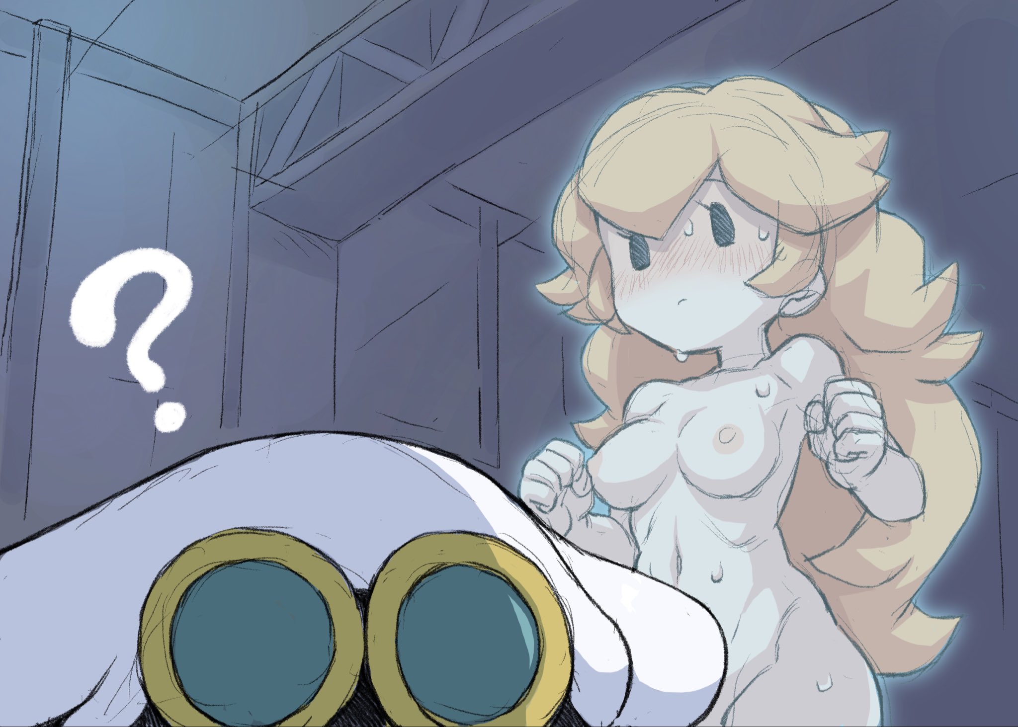 1boy, 1girls, absolutely nothing on, belly button, black eyes, breasts, completely naked, completely nude, completely nude female, embarrassed, embarrassed naked female, embarrassed nude female, enf, female, light-skinned female, male, mario (series), naked, naked female, nervous, nervous sweat, nintendo, nipples, no clothes, nude, oyatsu (mk2), paper mario, paper mario: the thousand-year door, paper peach, paper peach invisible intermission, princess peach, pussy, thighs, twitter link, vagina, x-naut, yellow hair