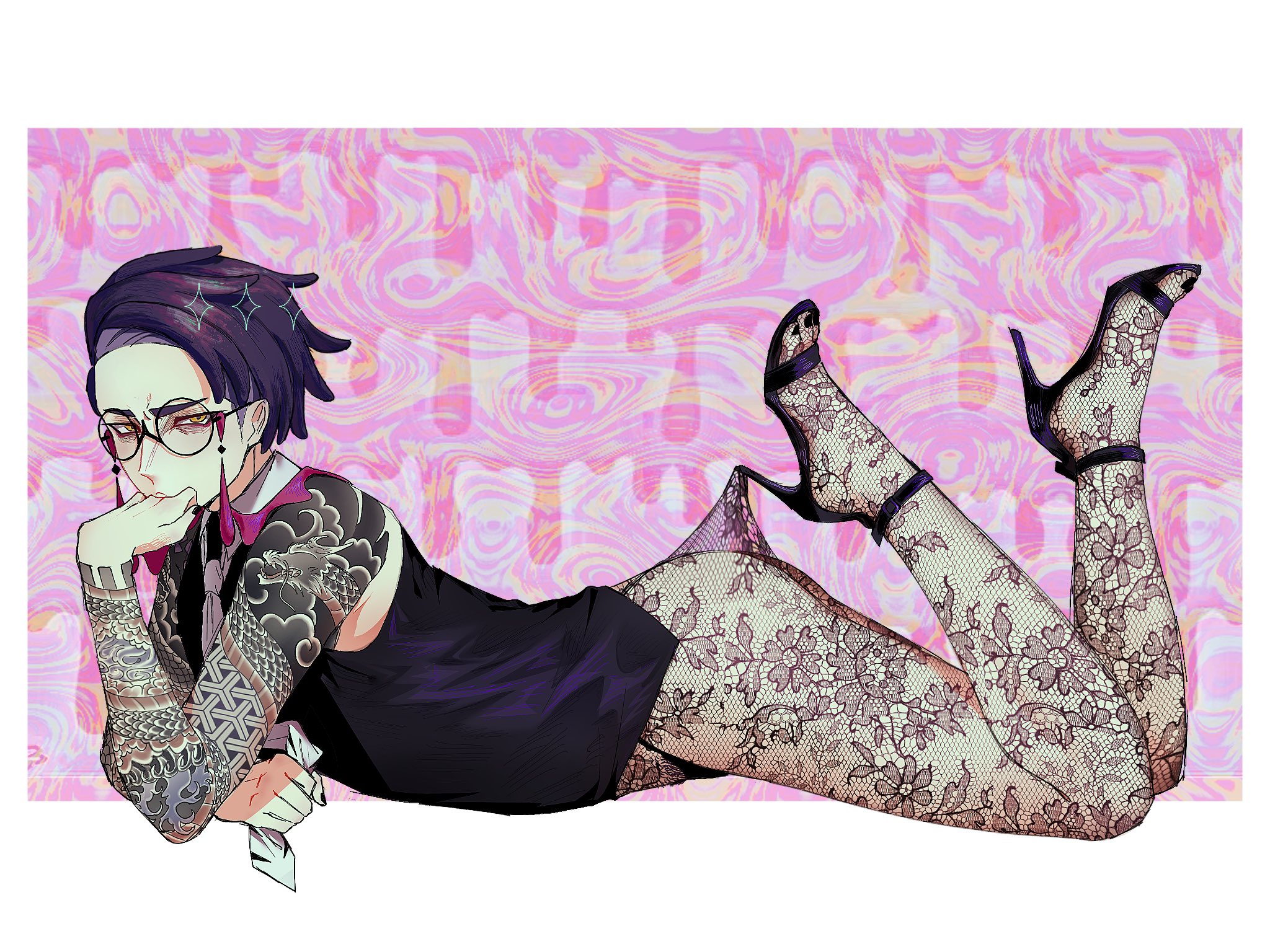 0x lily, 1boy, corbeau (pokemon), crossdressing, dark purple hair, glasses, heels, hi res, high heels, irezumi, karasuba (pokemon), lace pantyhose, lace pantyhose hooked on heel (meme), looking at viewer, lying, lying on stomach, male, male only, male with painted nails, meme, nintendo, pantyhose, pokemon, pokemon legends: z-a, purple hair, solo, stiletto heels, tattoo, tattooed arm, tattoos, yellow eyes