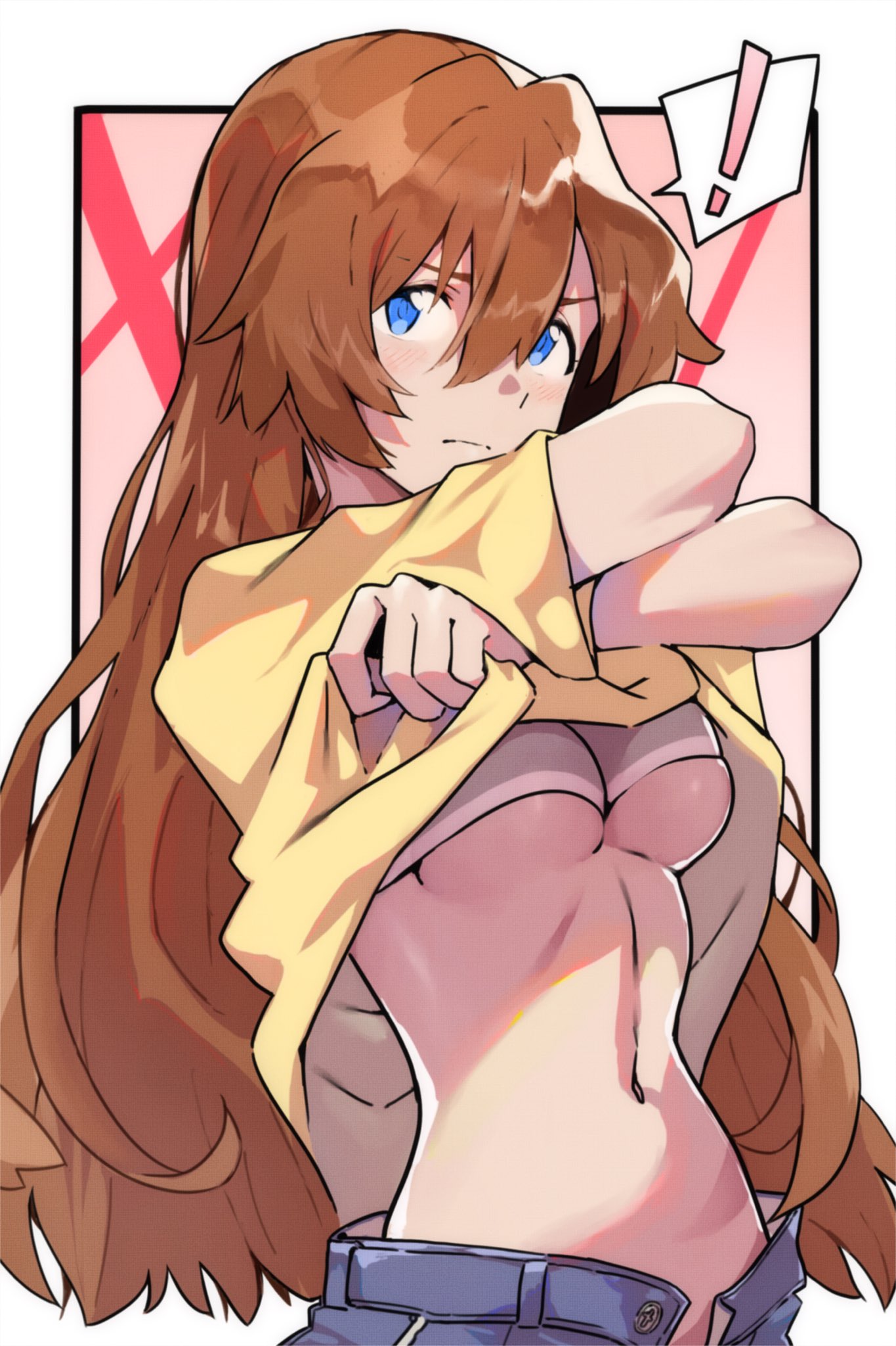 !, 1girls, asuka langley sohryu, blue eyes, breasts, brown hair, clothes lift, cute, female, female only, female torso, highres, lifted by self, long hair, looking at viewer, medium breasts, navel, neon genesis evangelion, open fly, shorts, souryuu asuka langley, surprised, tagme, underboob, undressing, wholesome, yagisawa teru