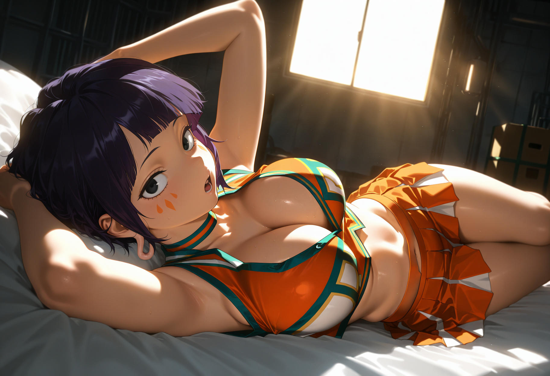 1girls, ai generated, armpits, arms behind head, arms up, audio jack, black eyes, blush, boku no hero academia, breasts, cheerleader, choker, cleavage, crop top, facial mark, female, gym storeroom, indoors, jirou kyouka, kyoka jiro, large breasts, light rays, long earlobes, looking at viewer, lower teeth only, lying, meitabuu, midriff, miniskirt, my hero academia, navel, on bed, on side, open mouth, orange shirt, orange skirt, pleated skirt, purple hair, shirt, short hair, skirt, sleeveless, sleeveless shirt, solo, sunlight, sweat, thighs, window