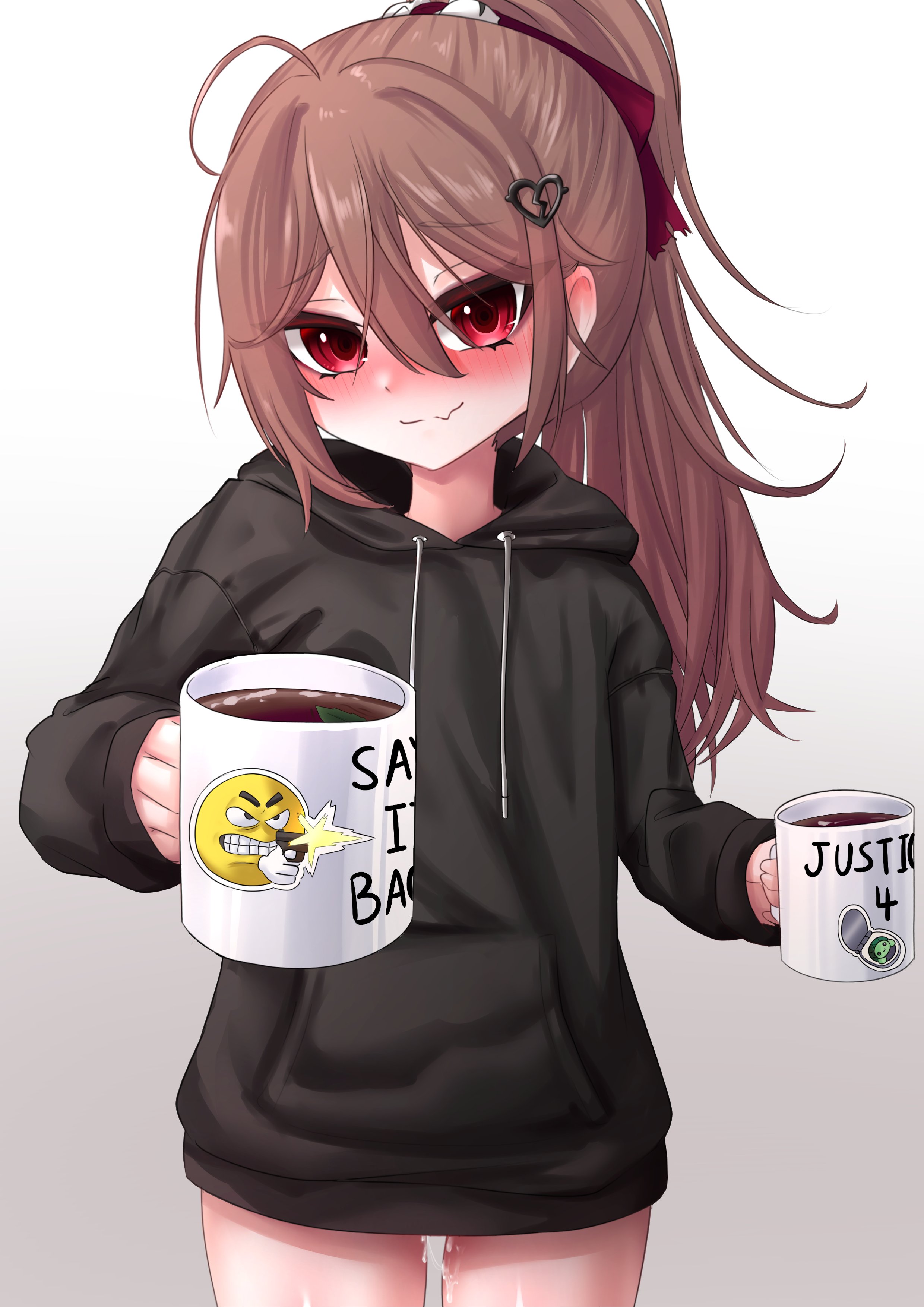 1girls, after sex, after vaginal, alternate hairstyle, black hoodie, blush, brown hair, coffee, coffee mug, cum, cum drip, cum dripping, cum dripping out of pussy, cum inside, cum on thighs, evil neuro, female, hair between eyes, hair ornament, holding mug, hoodie, hoodie only, implied incest, incest, indie virtual youtuber, light skin, light-skinned female, morning after, ponytail, pussy, red eyes, red ribbon, ritspi, smile, smiling, smiling at viewer, tagme, thighs, twitch, vedal987, vedalai, virtual youtuber, vtuber