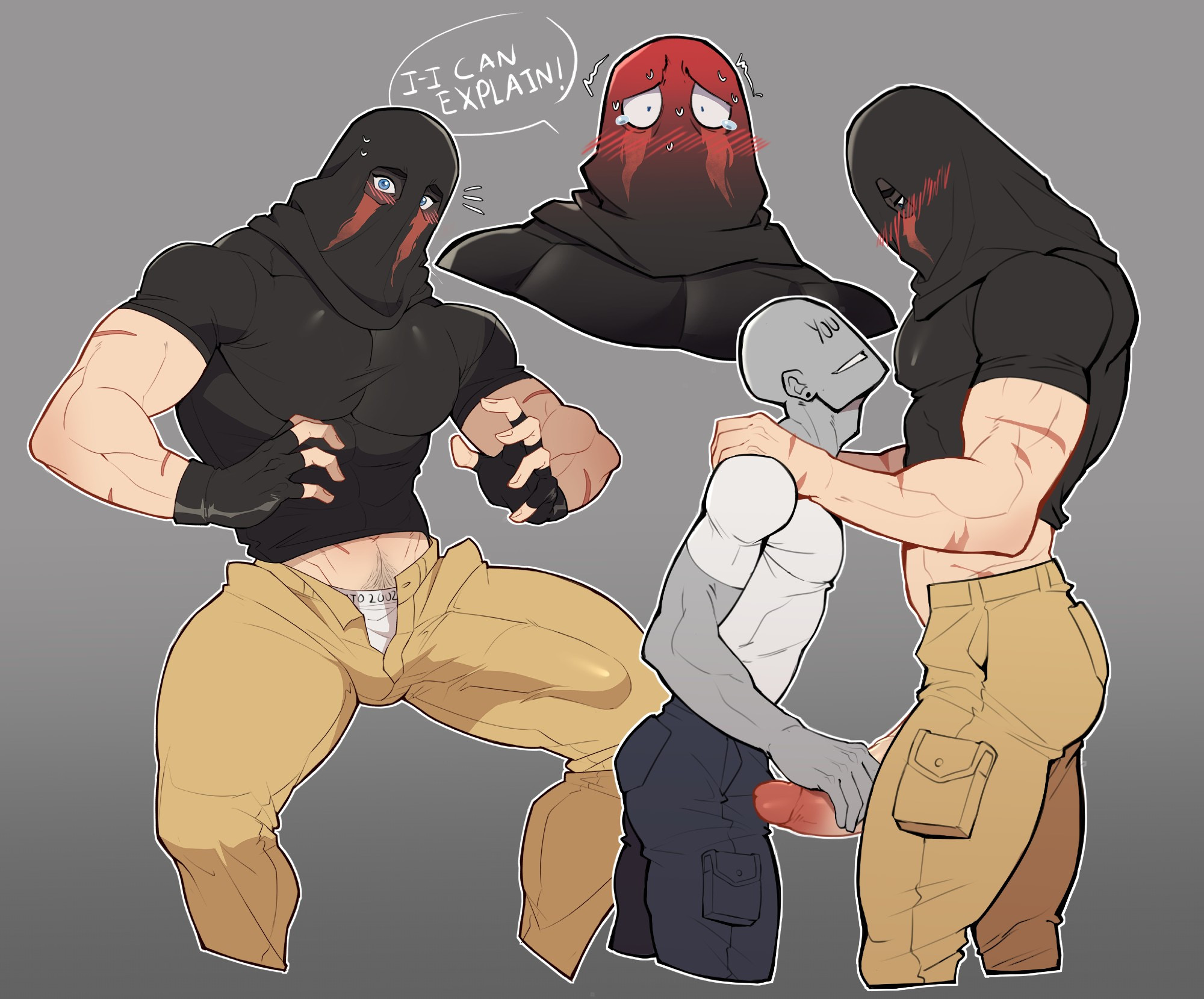 2boys, abs, anonymous, anonymous character, anonymous male, bara, beige jeans, beige pants, big cock, big dick, big penis, black, black ear piercing, black earrings, black gloves, black hood, black t-shirt, blue eyes, blue jeans, blush, blushing at partner, blushing male, blushing profusely, boner, boner in pants, boner under clothes, bulge, bulge down leg, bulge in pants, bulge through clothing, bulge under clothes, call of duty, call of duty modern warfare (2019), call of duty modern warfare 2 (2022), call of duty modern warfare 3 (2023), cock, cod, dick, ear piercing, earrings, embarrassed, embarrassed male, embarrassment, erect, erect cock, erect dick, erect penis, erection, explaining, fingerless gloves, gay, gay masturbation, gay sex, gloves, gray background, gray body, grey background, grey body, grey skin, hand, hand on cock, hand on dick, hand on penis, hands on shoulders, hood, huge cock, i can explain!, jeans, könig, konig, large cock, large dick, large penis, looking at partner, looking down, looking up, male, male blushing, male only, male y/n, male/male, massive cock, massive dick, massive penis, masturbating, masturbating other, masturbation, masturbation onto another, muscle, muscles, muscles through clothes, muscular, muscular arms, muscular chest, muscular legs, muscular male, muscular man, muscular thighs, muto20002, orange stripes, pants, pants unbuttoned, passionate, passionate sex, pecs, pectorals, penis, pubes, pubic hair, pubic hair peek, romantic, romantic couple, rubbing cock, rubbing dick, rubbing penis, scar, scar on arm, scarred, scarred arm, scars, scars on arm, scars on arms, shirt, shirt lift, shy, smiling at partner, sniper veil, solid color background, sweat, sweatdrop, sweating, sweating male, t-shirt, tears, tears in eyes, tears of desperation, tears of embarrassment, unbottoned pants, underwear, underwear showing, underwear visible, underwear visible through clothing, white shirt, white t-shirt, white underwear, y/n, yaoi, you