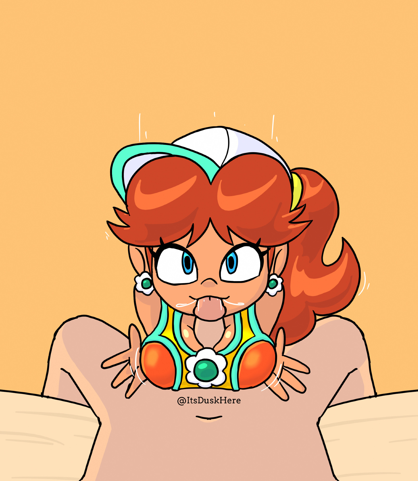 1boy, 1girls, 2025, breasts, brown hair, clothed, clothing, earrings, female, human, itsduskhere, looking at viewer, male, male pov, male/female, mario (series), mario kart, mario kart world, nintendo, paizuri, penis, pov, princess daisy, princess daisy (swimwear), sucking penis, tagme