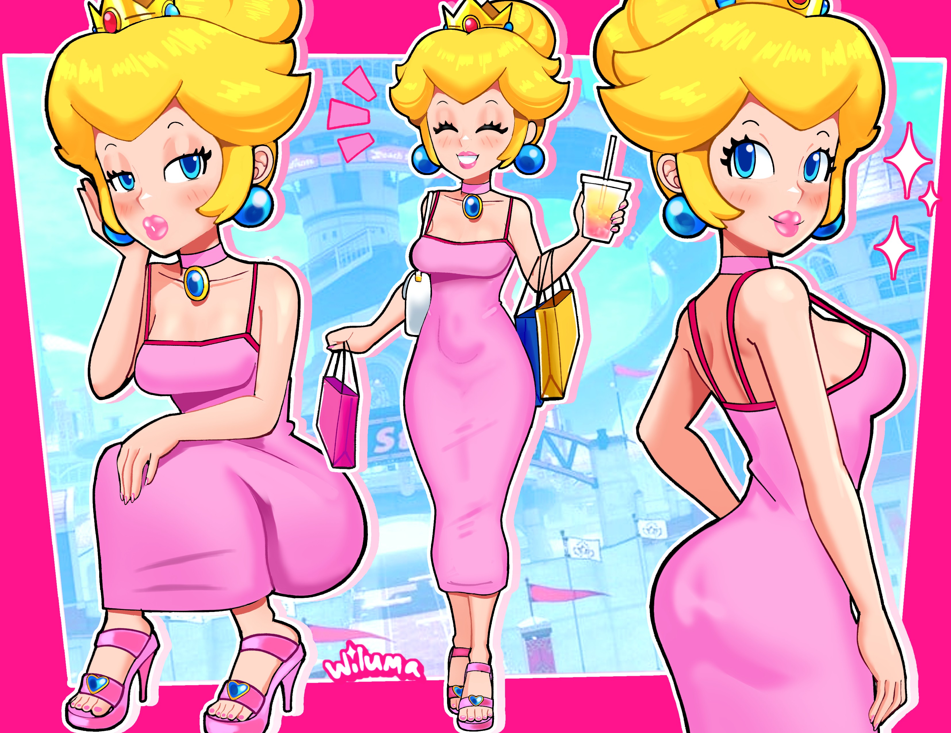 1girls, alternate version available, ass, ass shot, big lips, bimbo, bimbo lips, blonde hair, blue eyes, blush, breasts, choker, closed eyes, clothing, crown, dress, drink, ear piercing, earrings, female, female only, footwear, full body, hair, half-closed eyes, headwear, heels, high heels, holding drink, holding object, lips, lipstick, long dress, looking back, mario (series), multiple views, nail polish, nails, neckwear, nintendo, pink dress, pink lips, pink lipstick, pink nail polish, pink nails, plump lips, princess peach, purse, sideboob, smile, solo, solo female, sparkles, squatting, thick lips, tied hair, toenail polish, wiluma