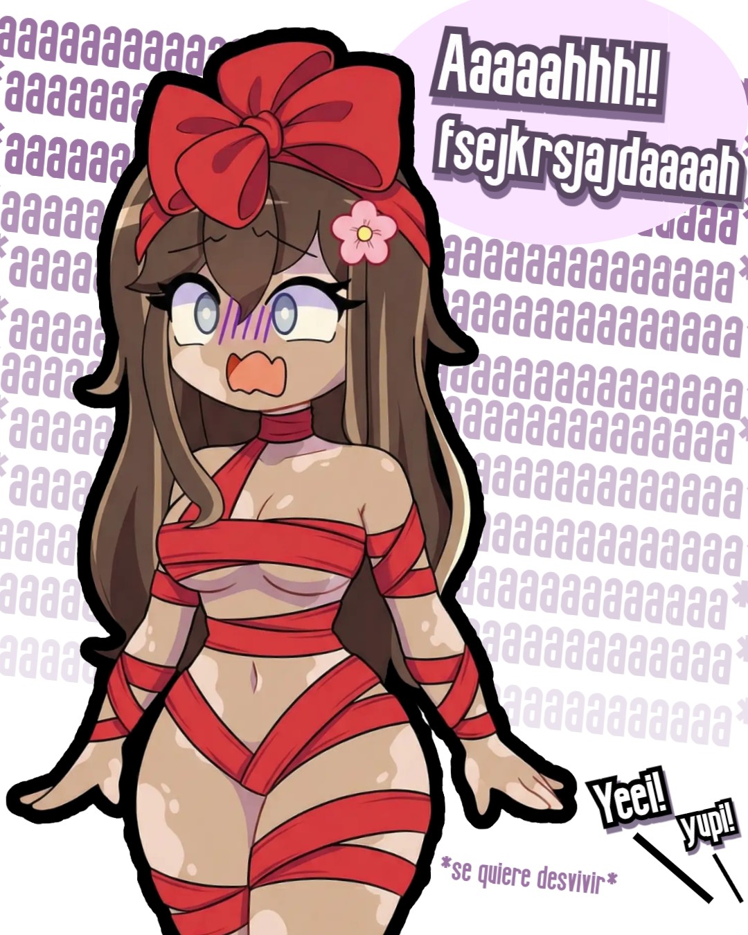 1girls, blush, blush lines, blushing, boobs, breasts, brown hair, christmas, covered nipples, covered pussy, embarrassed, embarrassed nude female, eyelashes, female, flower in hair, grey eyes, ribbon, screaming, spanish text, strip game, text, tortieza, tortieza (artist), vitiligo
