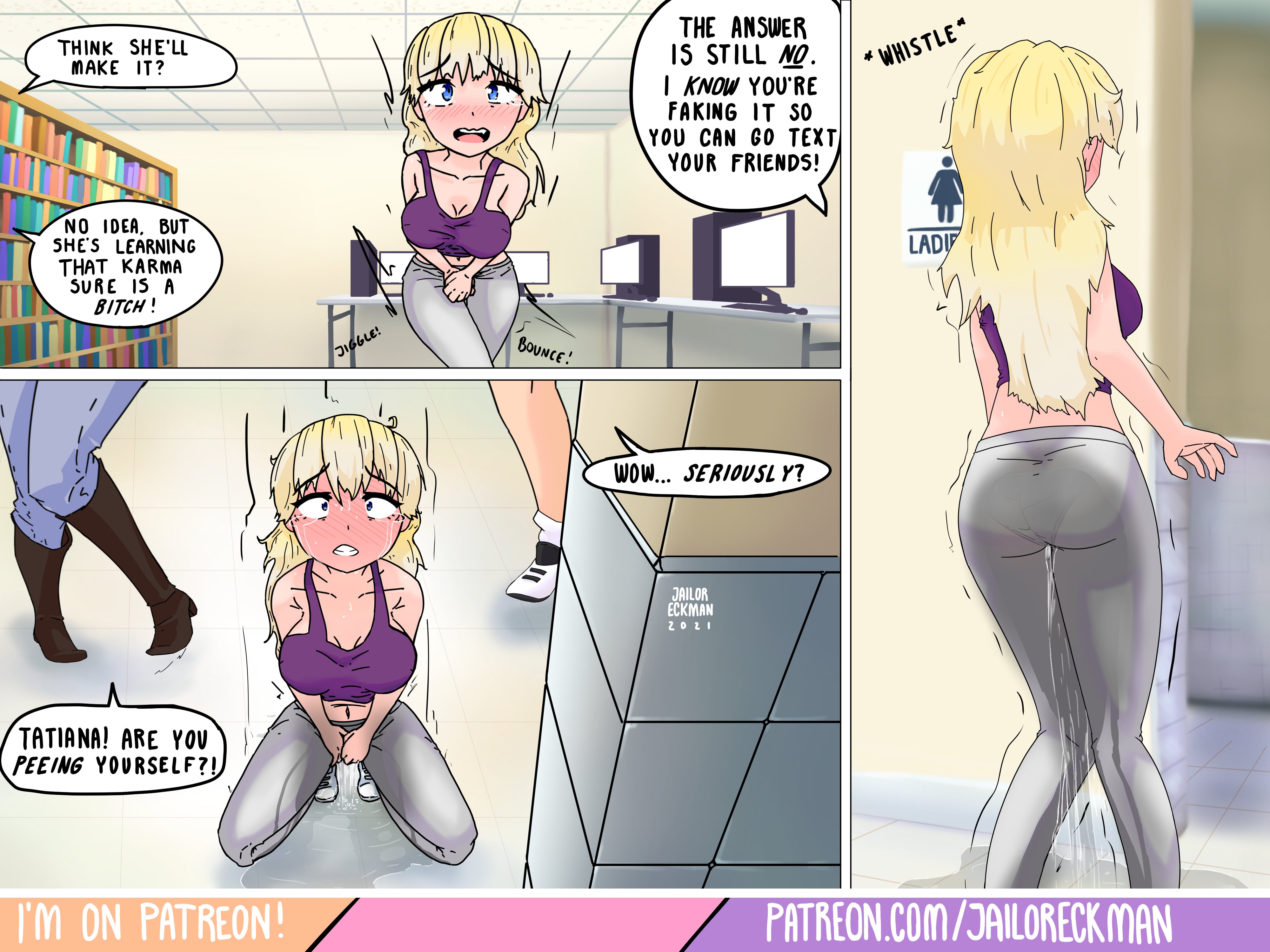 1girls, 3koma, between legs, blonde hair, blush, breasts, cleavage, didn't make it in time, english text, female, hand between legs, hand between own legs, have to pee, jailor eckman, large breasts, long hair, omorashi, open mouth, original, original character, pantylines, pee denial, pee puddle, peeing, peeing self, puddle, squatting, stained pants, text, wetting, wetting self