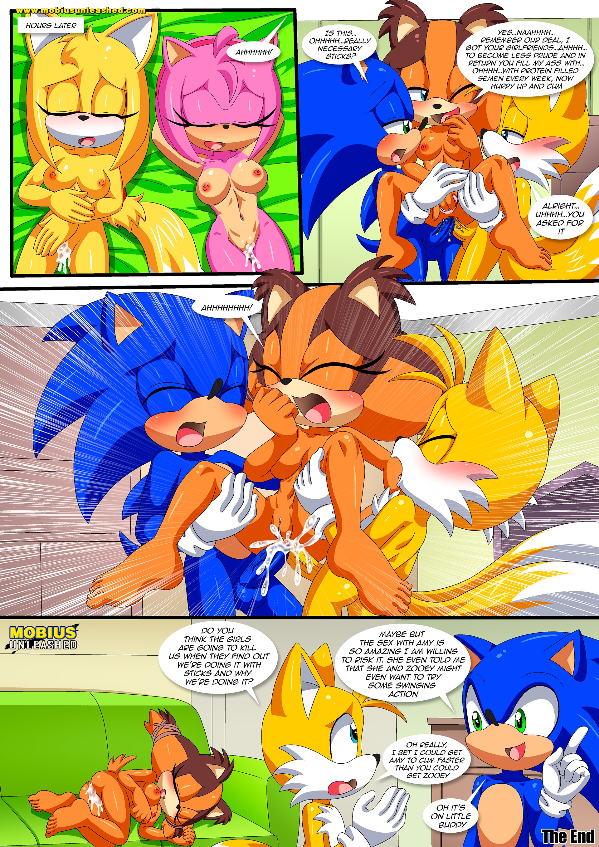 2boys, 3girls, after anal, after sex, after vaginal, amy rose, anal, anal juice, anal sex, anthro, anus, ass, balls, barefoot, bbmbbf, bed, blush, breasts, comic, cum, cum in ass, cum in pussy, cum inside, cum on pussy, double anal, feet, female, male, male/female, miles tails prower, mobian (species), mobius unleashed, nipples, nude, palcomix, penis, pussy, releasing your inner wild side (comic), sega, sex, sonic (series), sonic boom, sonic the hedgehog, sonic the hedgehog (series), sticks the badger, tails the fox, zooey the fox