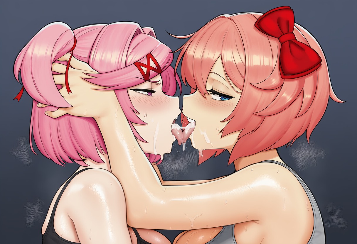 ai generated, bare shoulders, cum in mouth, french kiss, half-closed eyes, hand in another's hair, looking back, natsuki (doki doki literature club), sayori (doki doki literature club), smugi, sports bra, tongue out, yuri