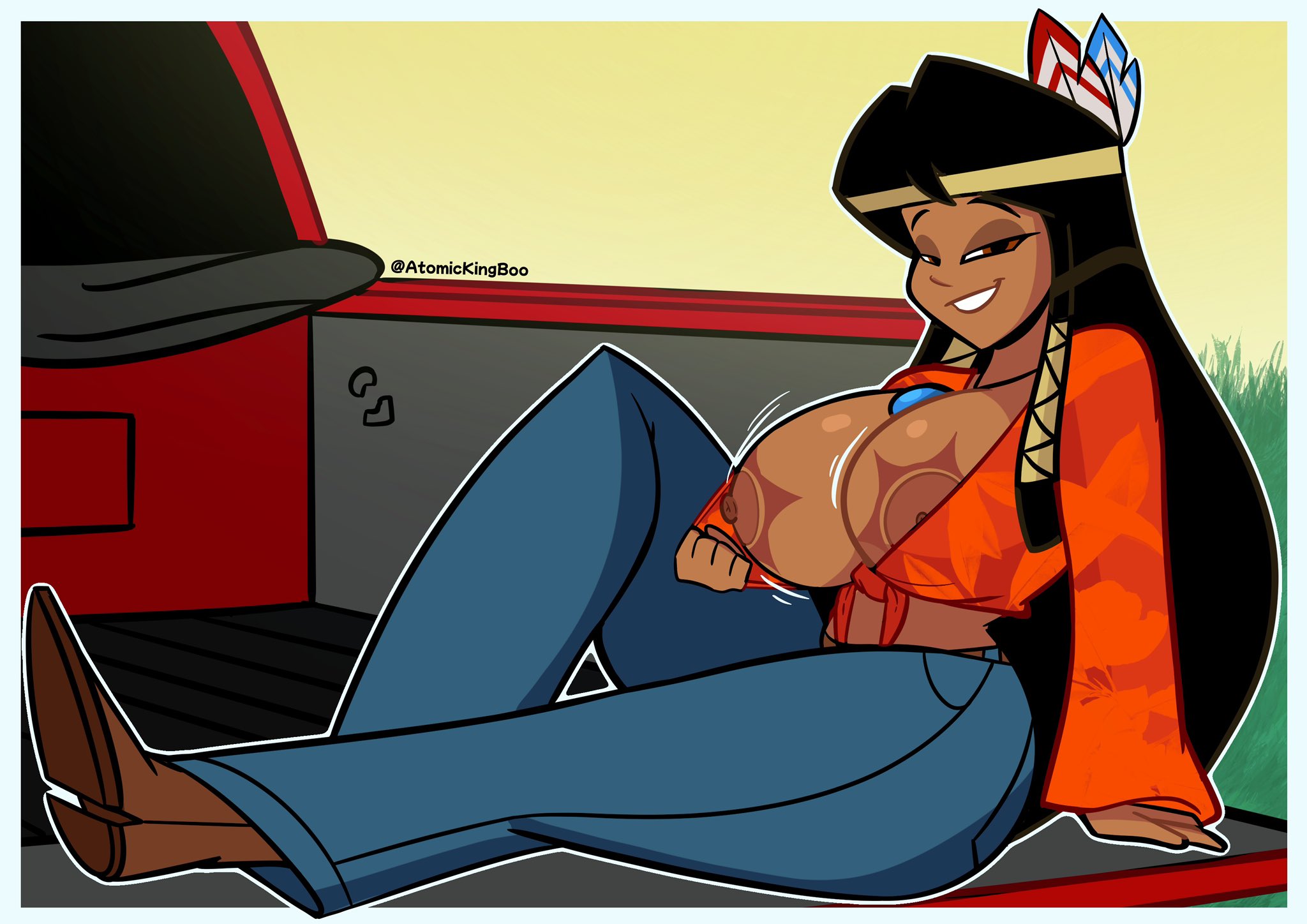 1girls, 2025, areola, areolae, artist name, ass, atomickingboo, bethany hummingbird, big ass, big breasts, black hair, black hair female, bodypaint, boots, breasts, clothed, clothed female, clothing, commission, commission art, crop top, english, english text, feather in hair, feathers, feathers in hair, female, female focus, female only, flashing, flashing breasts, fully clothed, fully clothed female, headdress, jeans, knot, knot tied shirt, knotted shirt, native american, native american female, native american headdress, necklace, oc, original, original character, solo, solo female, solo focus, tan body, tan skin, tan-skinned female, text, thick thighs, thighs, truck