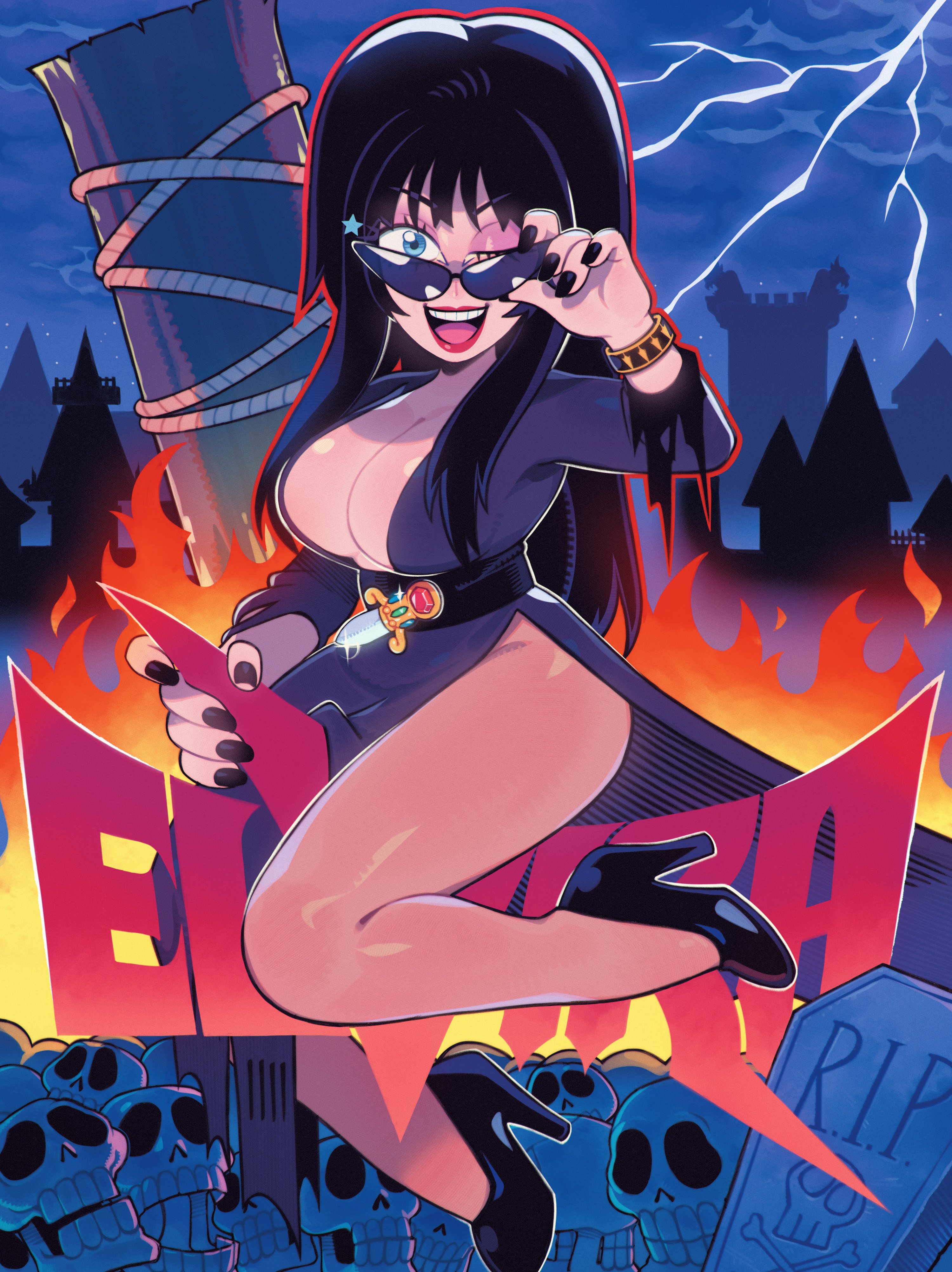1girls, absurd res, adjusting eyewear, big breasts, black hair, black nail polish, blue eyes, breasts, detailed background, elvira, elvira: mistress of the dark, female, female only, halloween, heels, inner sideboob, long hair, looking at viewer, looking over eyewear, looking over sunglasses, open mouth, pantyhose, red lipstick, smiling, smiling at viewer, solo, speedosausage, sunglasses, tinted eyewear, wink, winking at viewer