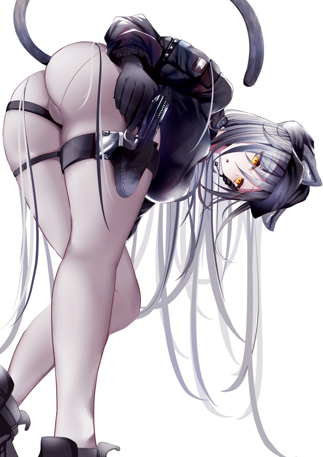 1female, animal ears, arknights, ass, ass up, bent over, beret, black gloves, cameltoe, cat ears, cat tail, exposed ass, feline, feline humanoid, female, female focus, female only, garter, golden eyes, gun, kouki hanada, light-skinned female, long hair, long sleeves, looking back, military jacket, no panties, partially clothed, schwarz (arknights), solo female, tactical gear, tactical nudity, thighs, white background