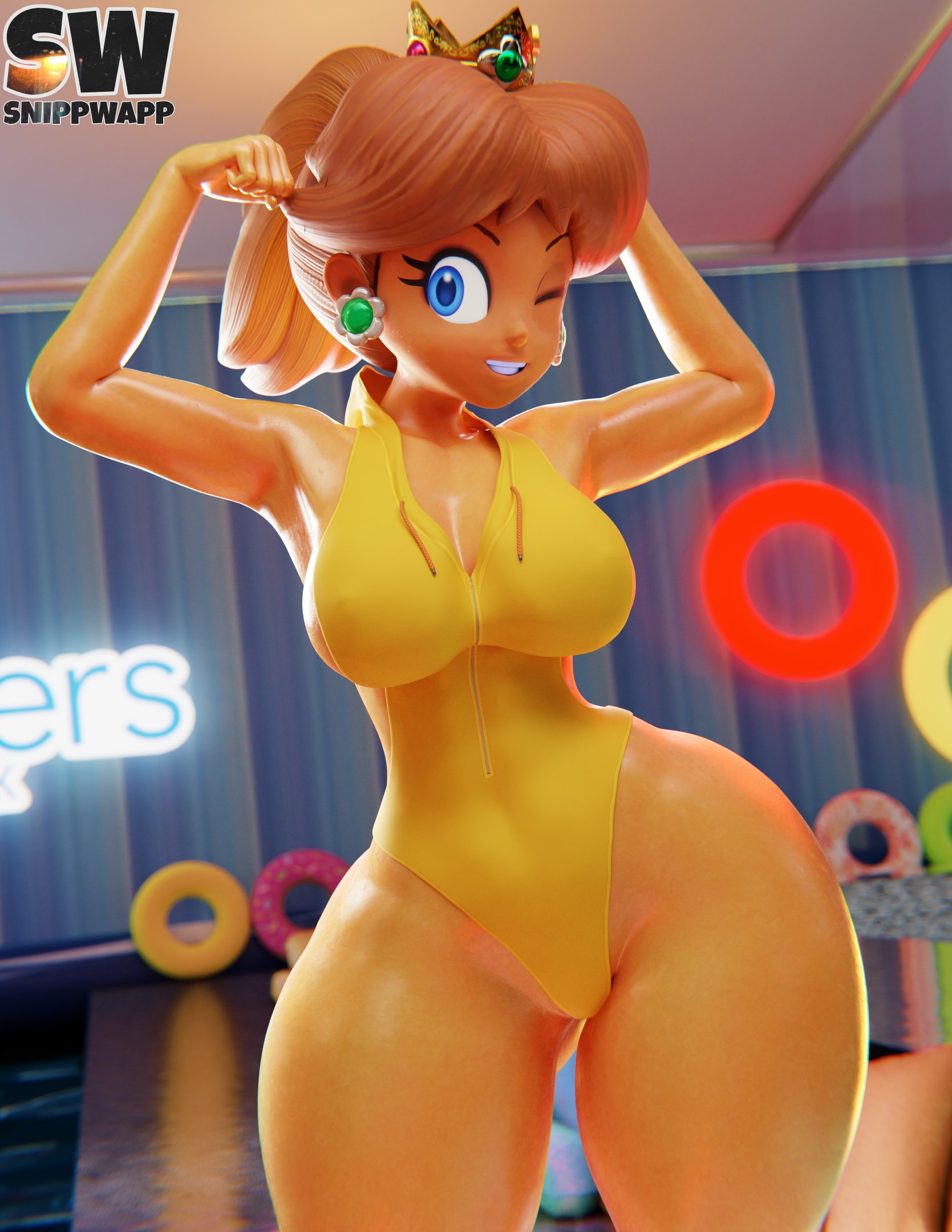1girls, dark skin, female, huge hips, huge thighs, leotard, mario (series), nintendo, princess daisy, snippwapp, solo female, source request, swimsuit, tagme, thick thighs, wide hips