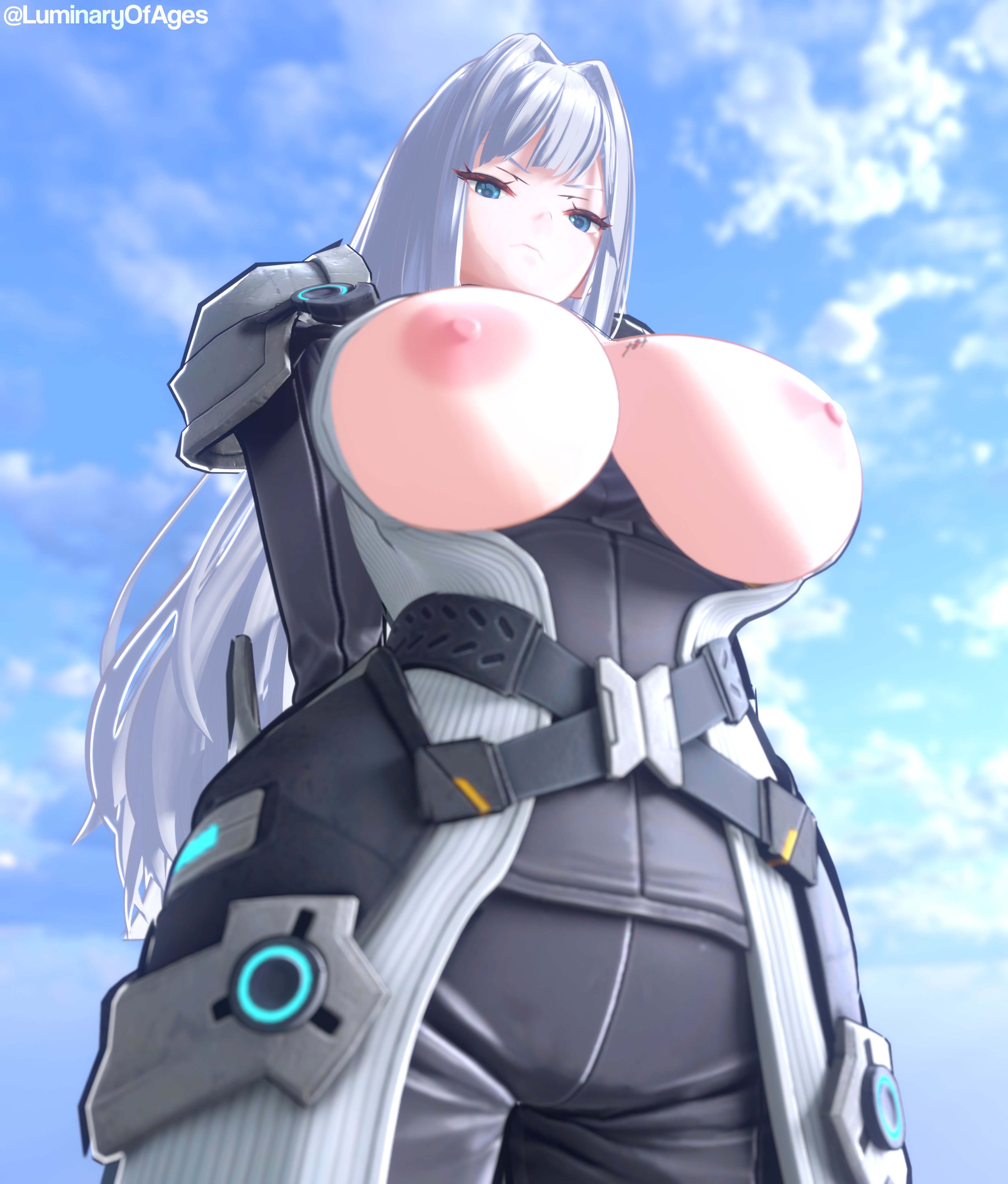 1girls, 3d, alternate version available, armor plates, armored female, bangs, bare breasts, belt, big breasts, birthmark, birthmark on breasts, blender, blender (software), blue eyes, boobs out, breast focus, breasts, breasts out, busty, clothed, clothed female, clothing, coat, crotch, curvaceous, curvy, curvy female, curvy figure, day, daytime, ethel (xenoblade), exposed breasts, female, female focus, female only, gray hair, grey hair, large breasts, light skin, light-skinned female, long hair, long hair female, looking at viewer, looking down, low-angle view, luminaryofages, monolith soft, nintendo, nipples, outdoors, outercourse, outside, pink nipples, shoulder pads, silver hair, sky, solo, solo female, solo focus, swept bangs, tagme, thick thighs, thighs, underboob, viewed from below, voluptuous, voluptuous female, worm's-eye view, xenoblade (series), xenoblade chronicles (series), xenoblade chronicles 3