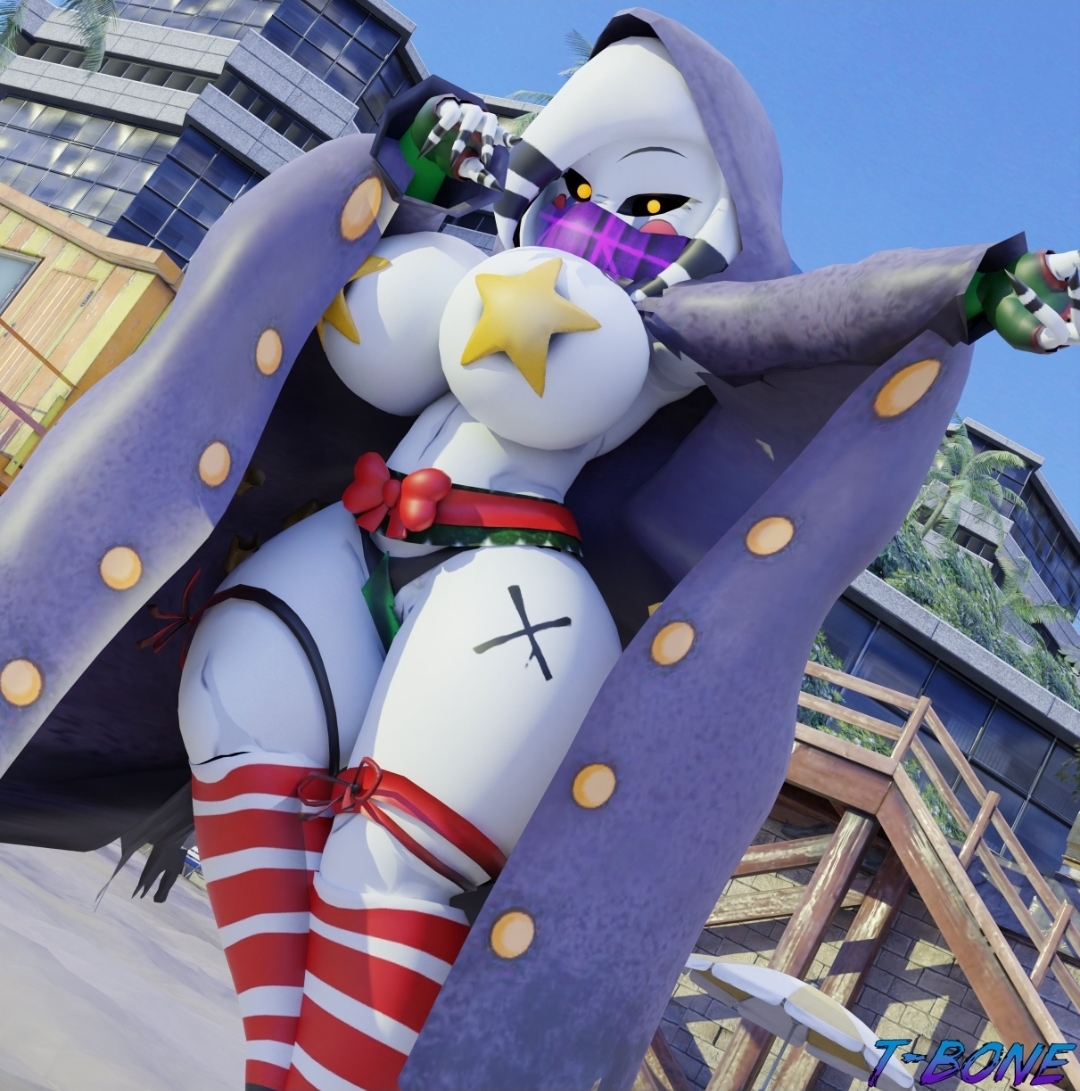 1girls, 3d, 3d (artwork), artist signature, beach, big breasts, bra, breasts, cringe, female, female only, five nights at freddy's, marie (cally3d), marie (cryptia), merchant (cosplay), opening shirt, panties, puppet (fnaf), robe, smiling at viewer, smug, solo, solo female, stockings, t-bone589, tagme, thick thighs, thighhighs, thighs, yellow eyes