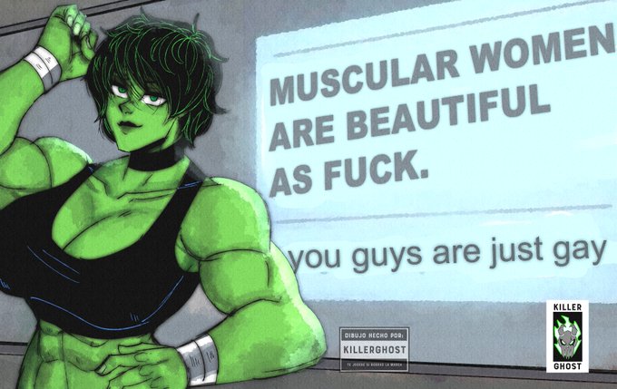 abs, black clothing, black hair, black sports bra, blue eyes, breasts, clothed, clothed female, clothing, english text, female, female only, green hair, green skin, green-skinned female, huge breasts, indoors, killerghost, lordkillerghost, marvel, marvel comics, muscular, muscular arms, muscular female, she-hulk, solo, solo female, sports bra, twitter, two tone hair, two-tone hair