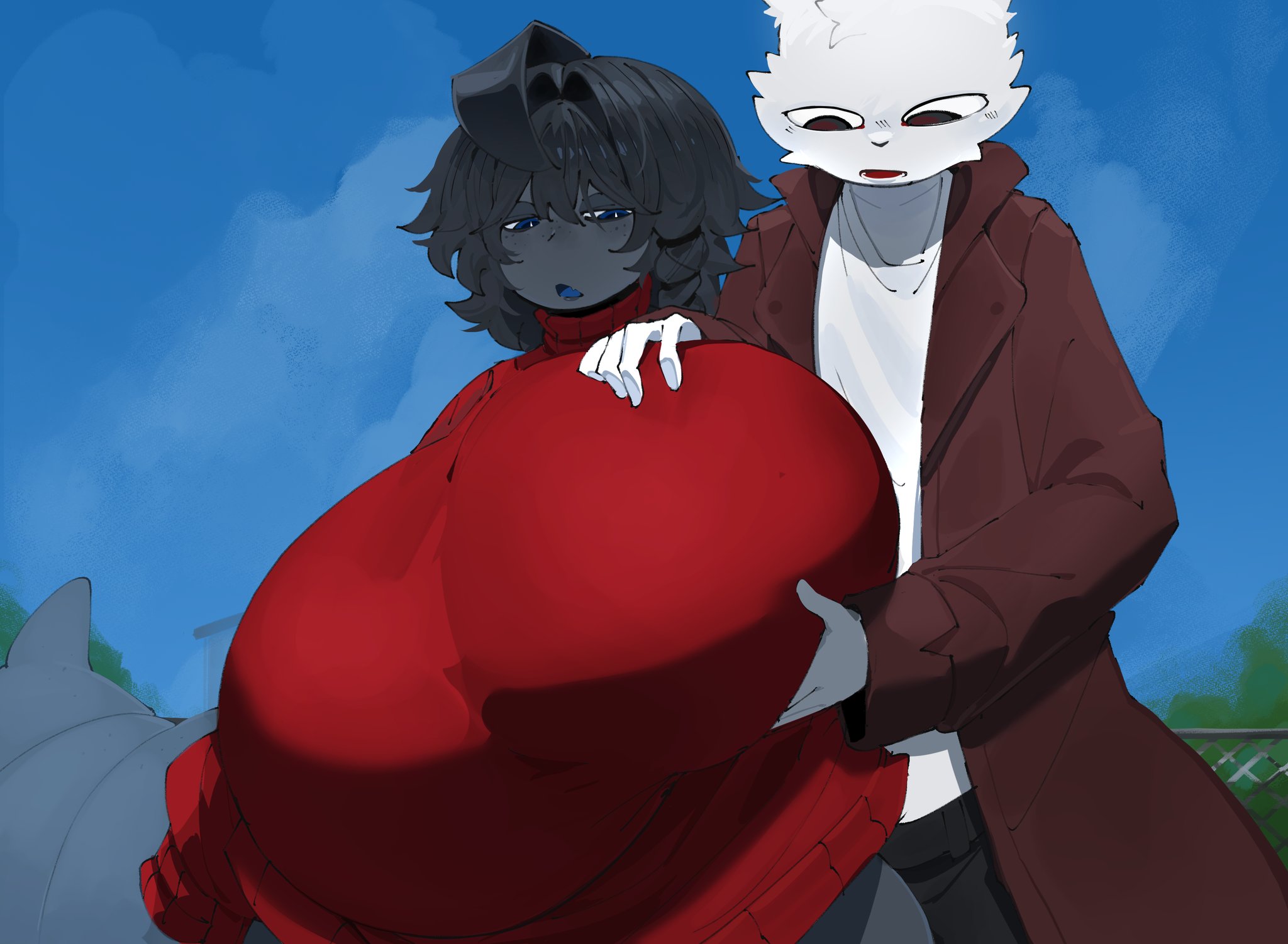 1boy, 1boy1girl, 1girls, 2d, atsuko 021, big breasts, black pants, blue eyes, blue tongue, breasts, female, freckles on face, grey skin, height difference, holding breast, hyper, hyper breasts, male, massive breasts, red jacket, red sweater, sky, sweater, tagme, tail, teruya (atsuko 021), white fur, white shirt