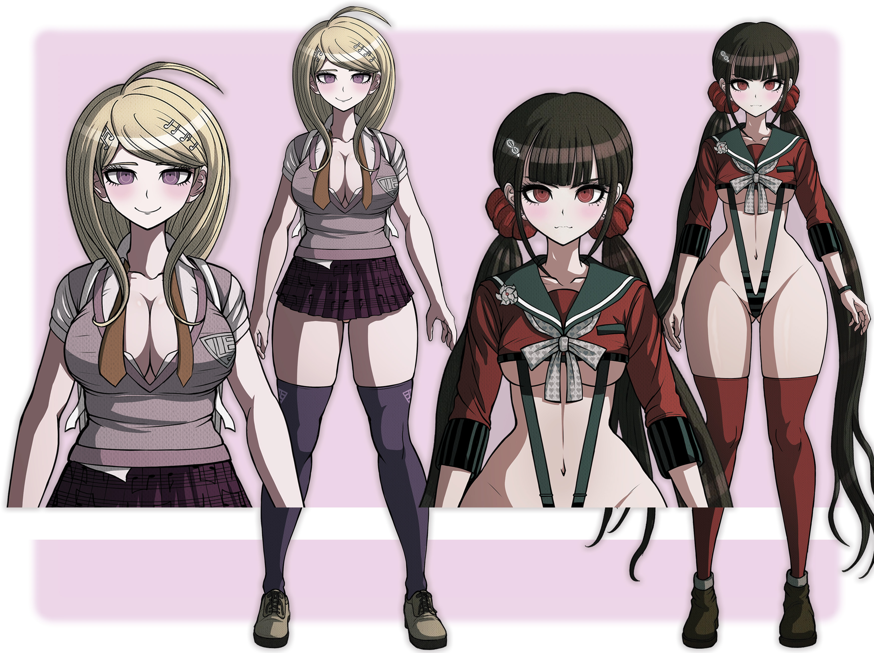 2girls, akamatsu kaede, big breasts, blush, boob window, breast expansion, breast growth, breast growth (enlargement), breasts, cleavage, cleavage cutout, danganronpa, danganronpa v3, female, female only, harukawa maki, middinos, midnightdindins, thick thighs, thighs