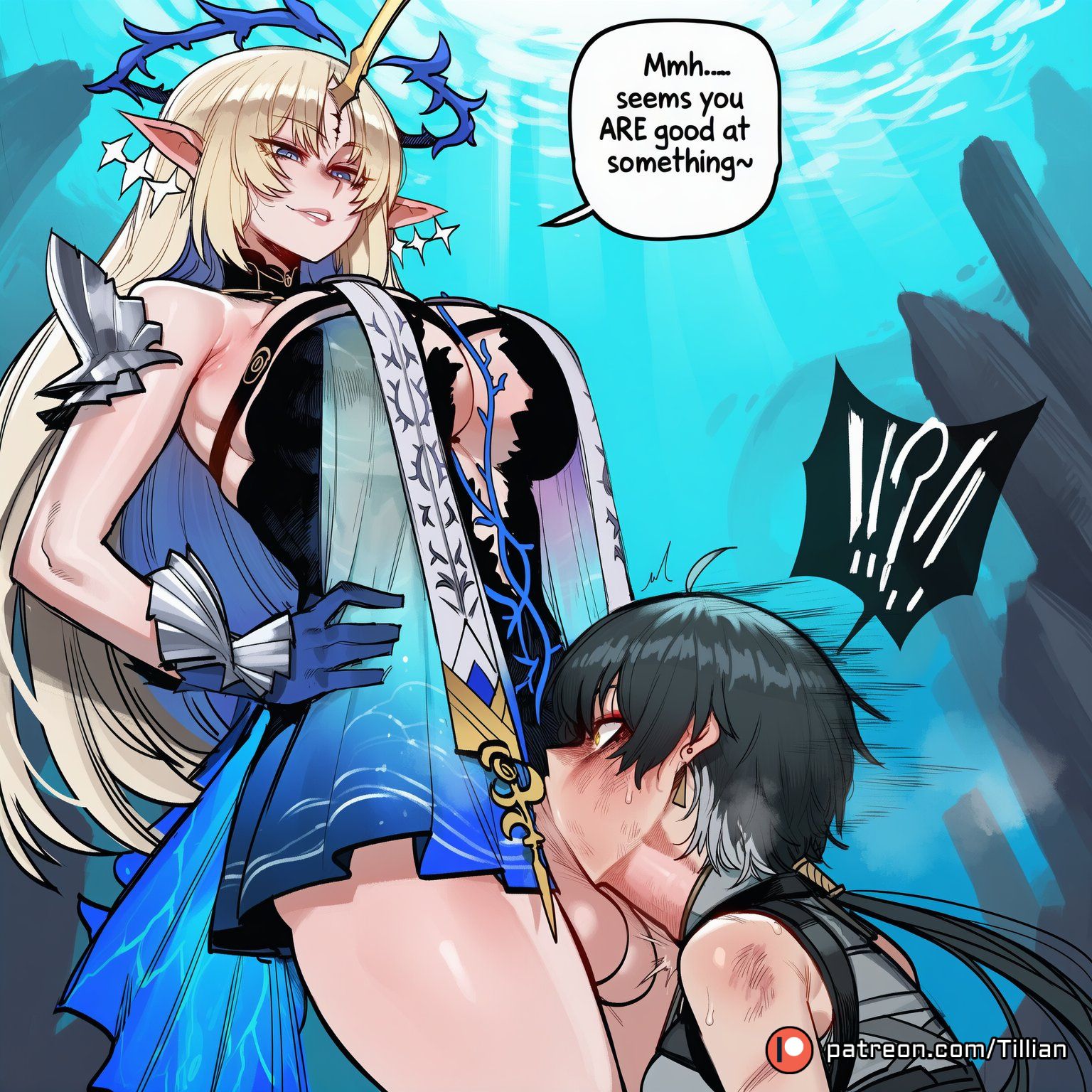 !?, 1futa, 1girls, ai generated, balls, bare shoulders, black hair, blonde hair, blue eyes, blush, breasts, deepthroat, dress, earrings, english text, fellatio, female, female rover (wuthering waves), fleurdelys (wuthering waves), futa with female, futanari, gloves, hand on own hip, horns, injury, intersex, irrumatio, jewelry, large breasts, long hair, multicolored hair, multiple females, multiple girls, oral, patreon logo, patreon username, penis, pointy ears, rover (wuthering waves), single horn, smile, speech bubble, testicles, tillian, uncensored, underwater, wuthering waves