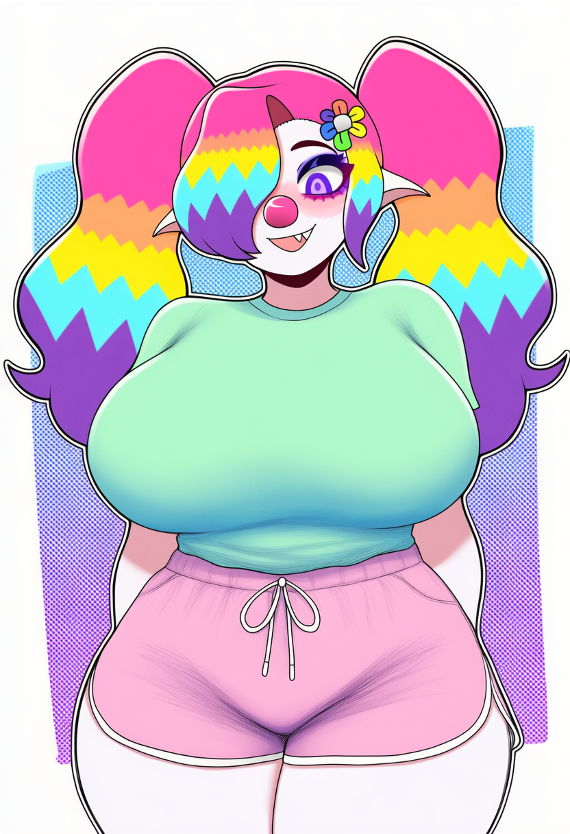 1girls, ai generated, big breasts, blush crunch studios, clown, clown girl, dandy's world, dandys world, happy, qwelver, rainbow hair, real person, roblox, roblox avatar, roblox developer, robloxian, round breasts, thick thighs