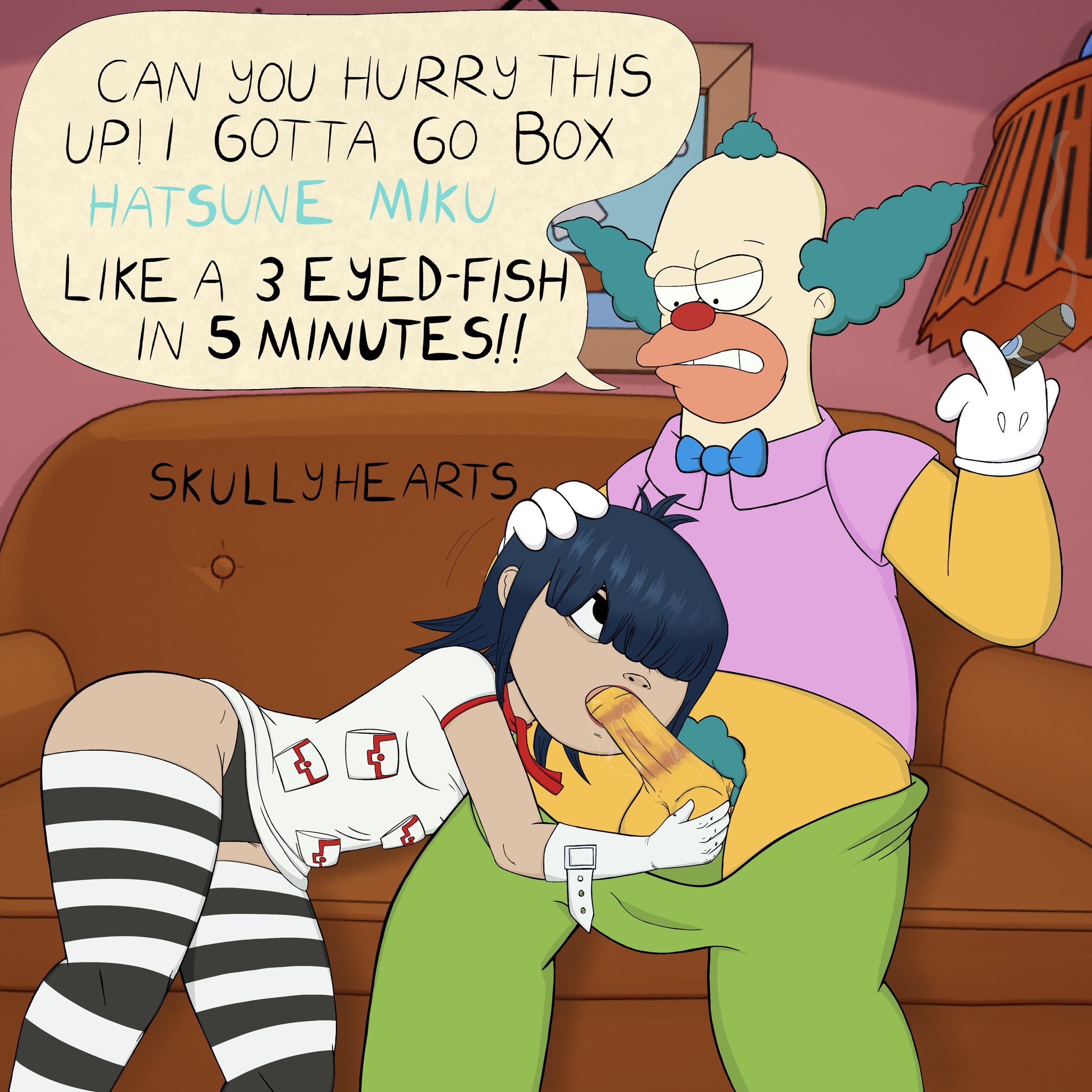 blowjob, clown, crack pairing, crossover, fellatio, female, fortnite, gorillaz, krusty the clown, noodle (gorillaz), noodle (plastic beach), older male, older male and younger female, skullyhearts, straight, the simpsons, younger female