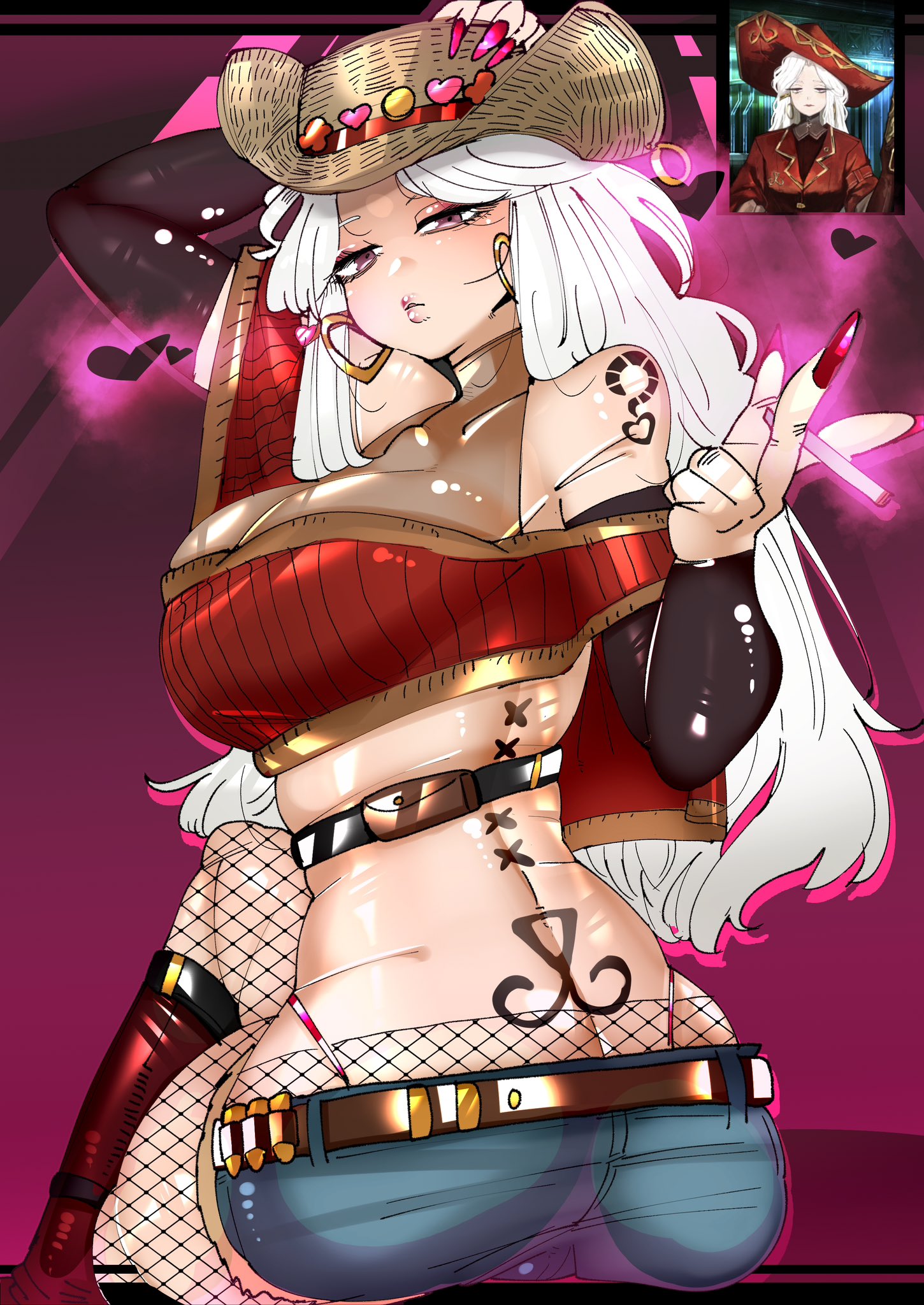 belt, big breasts, bimbo, bimbofication, boots, booty shorts, breasts, cigarette, cowboy hat, earrings, female, fishnets, heart, kanakanamry, limbus company, lipstick, long hair, midriff, painted nails, pirate girl, project moon, sleeves, smee (limbus company), tattoo, thick thighs, volumptous, white hair