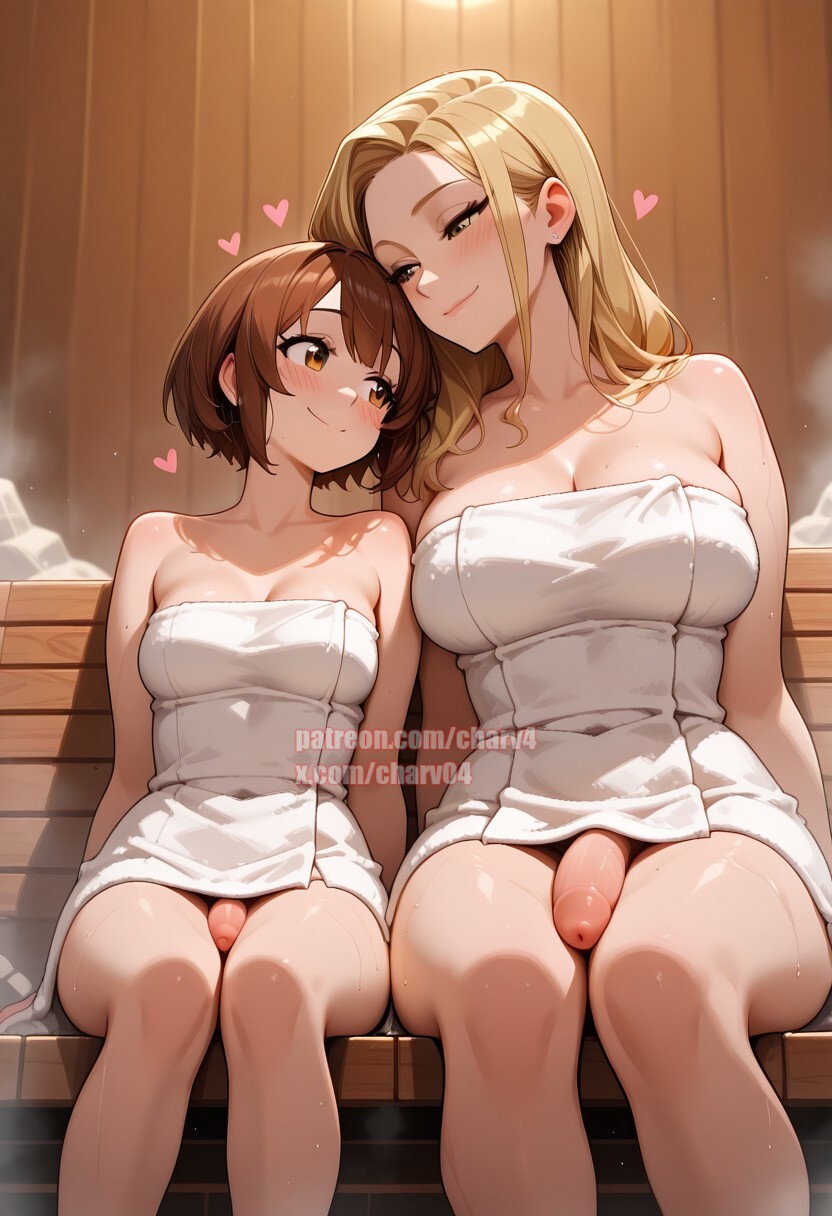 2futas, abs, ai generated, big breasts, blonde hair, breasts, brown hair, charv, covered abs, female, futa on futa, futa only, futadom, futanari, intersex, katherine (charv), long hair, looking at another, luna (charv), milf, sauna, sauna sex, short hair, size difference, small breasts, steam