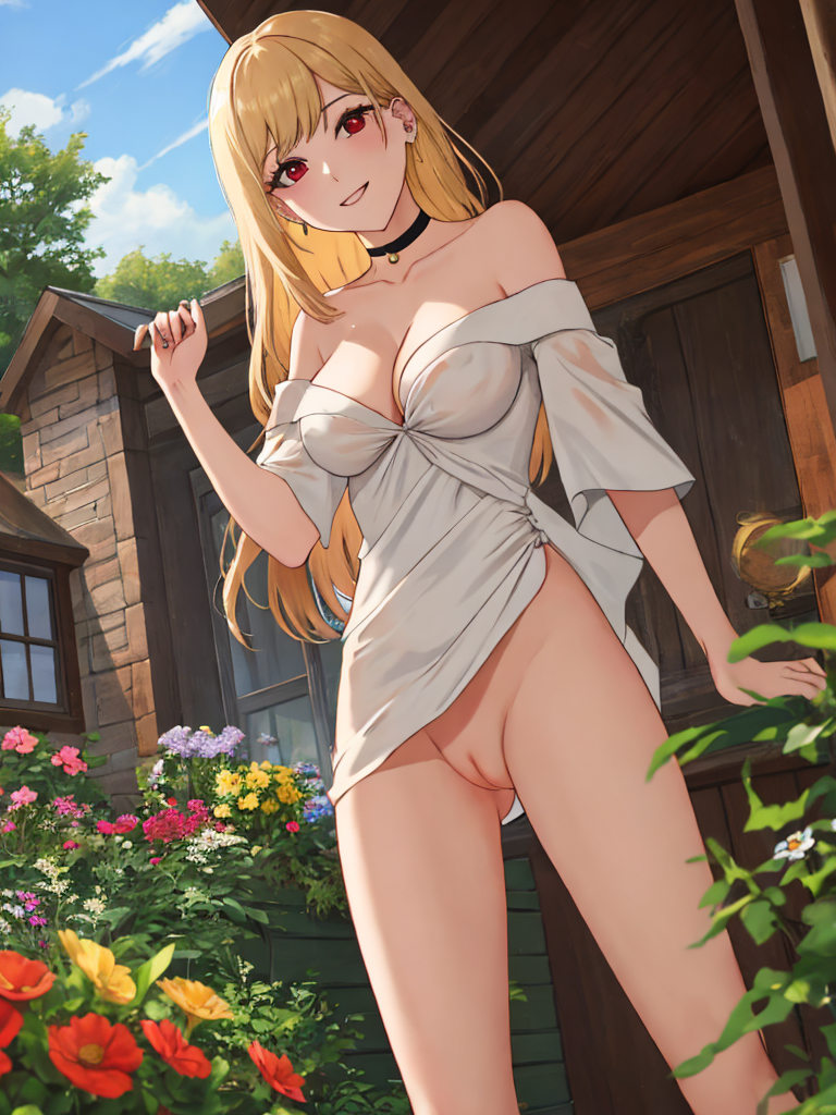 ai_generated blonde_hair dressing_up floral_print hand_on_head kitagawa_marin no_panties pussy show_pussy sono_bisque_doll_wa_koi_wo_suru spread_legs voyeurism