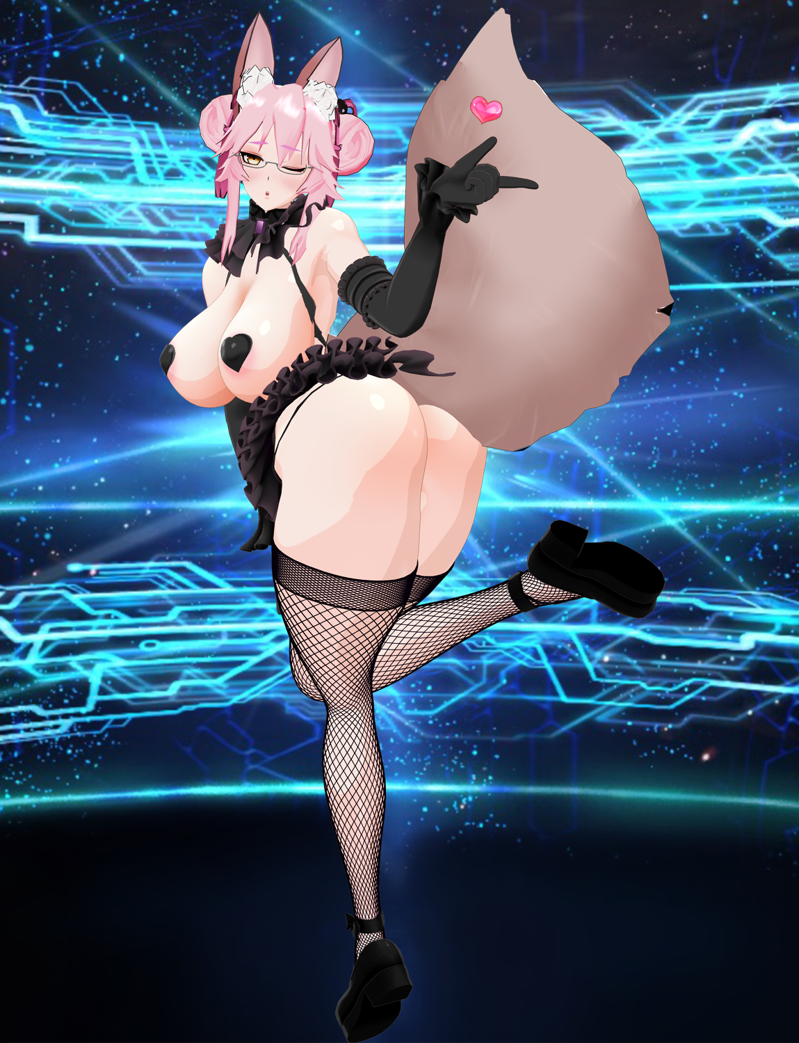 1girls, ass, big ass, breasts, clothing, elbow gloves, fate (series), female, female only, fishnet legwear, fishnet stockings, fishnets, fox, fox girl, glasses, gloves, heels, kitsune, koyanskaya (fate), light skin, light-skinned female, looking back, negakura imu, pale skin, pale-skinned female, pasties, pink hair, skirt, solo, solo female, stockings, tagme, tail, wink, winking at viewer