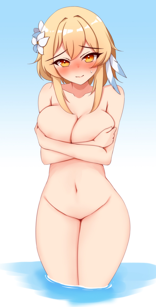 ayatori belly_button blonde_female blonde_hair blonde_hair_female blue_background blush blushing blushing_at_viewer blushing_profusely breasts female genshin_impact hair_ornament hidden_nipples hidden_sex hourglass_figure in_water lumine_(genshin_impact) nude nude_female shy shy_smile tagme