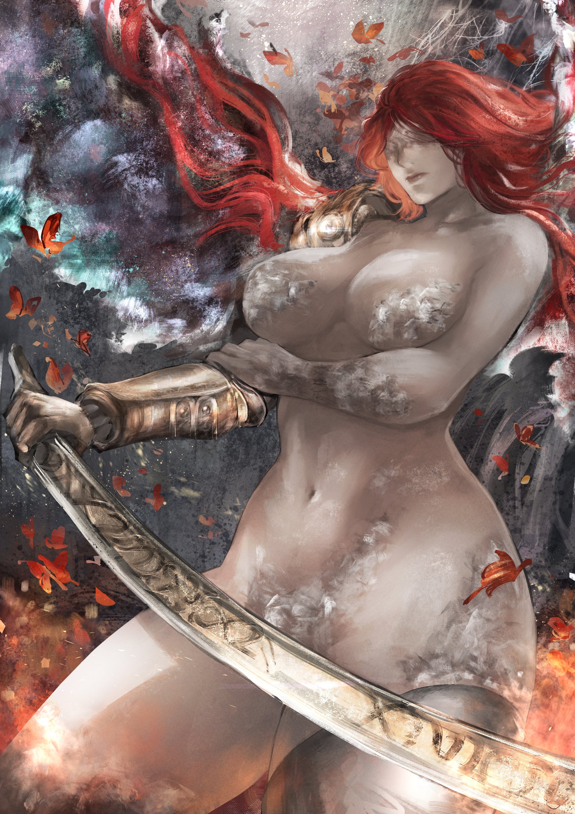 1girls, artistic nude, big breasts, blind, breasts, convenient censoring, elden ring, female, female only, fromsoftware, goddess, light skin, light-skinned female, malenia blade of miquella, nude, nude female, onemalu1123, painting (artwork), prosthetic, prosthetic arm, red hair, tasteful nudity, thick thighs, thighs, warrior