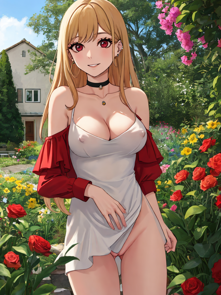 ai_generated blonde_hair breasts dressing_up floral_print hand_on_head kitagawa_marin no_panties show_pussy sono_bisque_doll_wa_koi_wo_suru spread_legs voyeurism