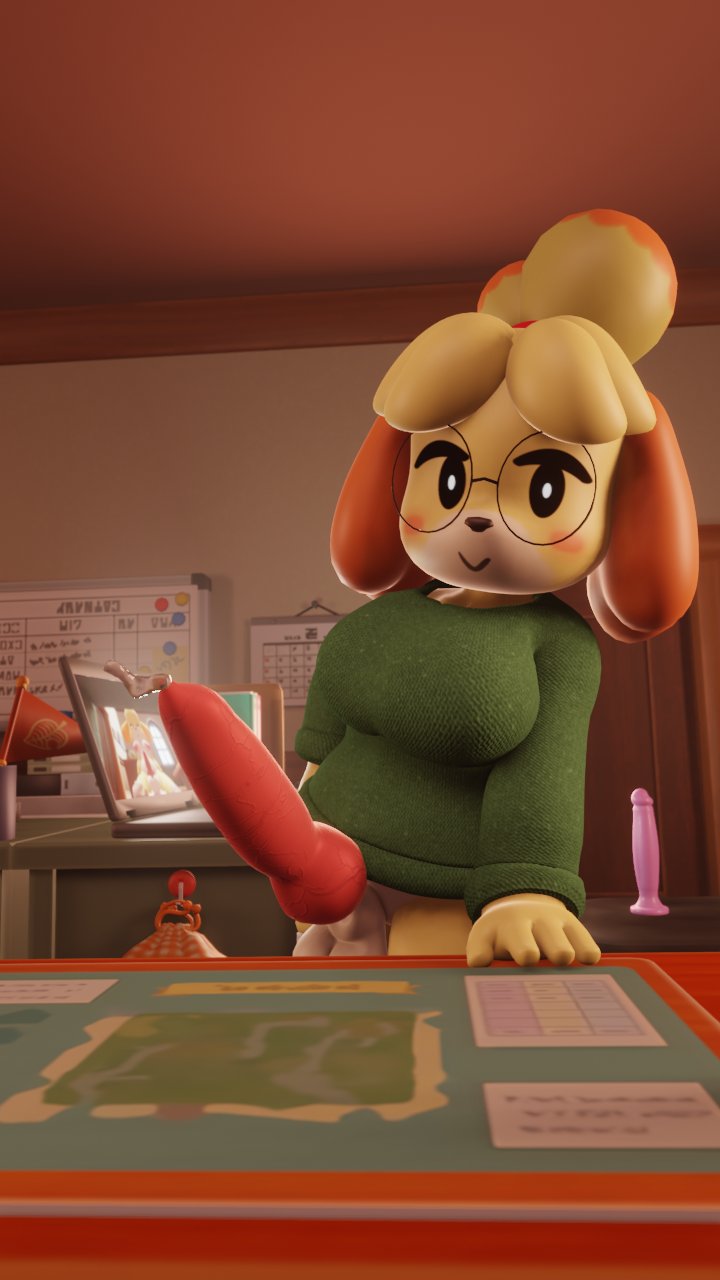 3d_(artwork) animal_crossing animal_genitalia animal_penis anthro balls big_balls big_breasts big_dildo big_penis blush bottomless breasts canid canine canine_genitalia canine_penis canis clothed clothing computer desk digital_media_(artwork) dildo domestic_dog erection eyewear front_view fur furfnsfw furniture futanari genitals glasses gynomorph hair hi_res huge_cock inside intersex isabelle_(animal_crossing) laptop leaning looking_at_viewer mammal nintendo partially_clothed penis sex_toy shih_tzu smile solo table thick_thighs toy_dog vein veiny_penis wide_hips yellow_body yellow_fur