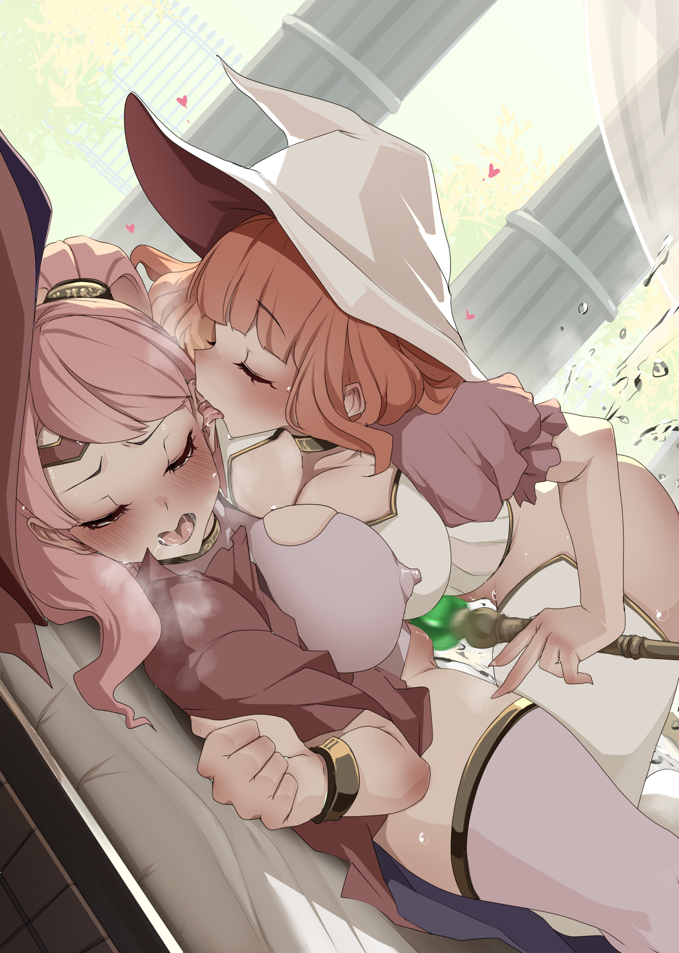 2girls, asymmetrical docking, bare thighs, blush, boots, breast press, breasts, celica (fire emblem), cleavage, closed eyes, clothed, commentary request, commission, covered nipples, ear licking, female, female only, fire emblem, fire emblem echoes: shadows of valentia, hat, higher resolution available, highres, large breasts, large hat, licking, licking ear, light skin, light-skinned female, long hair, lower teeth only, mae (fire emblem), monobe, monobe yuri, multiple females, multiple girls, naughty face, nintendo, open mouth, orange hair, pink hair, skeb commission, staff, teeth, thigh boots, thighs, tongue, tongue out, twintails, witch hat, yuri
