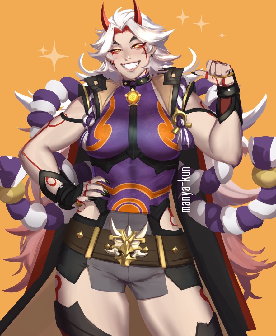 1girls, arataki itto, female, female only, genderswap, genderswap (mtf), genshin impact, manya kun, muscle mommy, muscular, muscular female, oni, oni horns, red horns, rule 63, solo, solo female, thick thighs, tight clothing, white hair