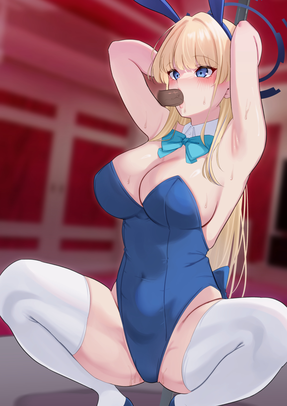 animal_ears aqua_bow aqua_bowtie armpits blonde_hair blue_archive blue_eyes blue_halo blue_leotard blurry blurry_background bow bowtie breasts bunny_ears cleavage detached_collar fake_animal_ears fellatio female halo highres leotard long_hair medium_breasts millennium_science_school_student nanohana_(november.) official_alternate_costume oral penis pussy_juice rabbit_ears solo_focus squatting straight thighhighs toki_(blue_archive) toki_(bunny)_(blue_archive) white_thighhighs