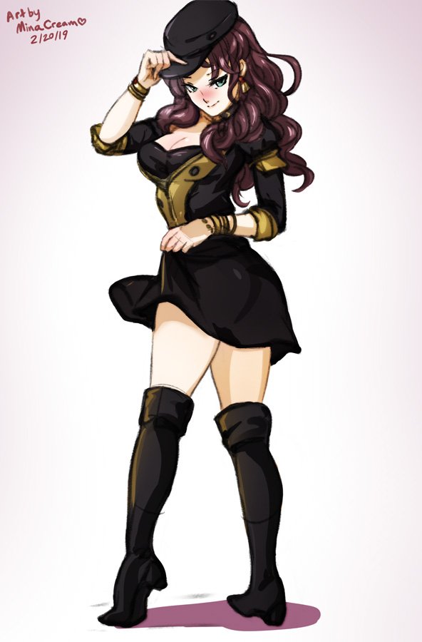 1girls artist_name ass bare_thighs big_ass black_footwear black_headwear blush boots breasts brown_hair cabbie_hat cleavage closed_mouth confident dated dorothea_arnault earrings female female_only fire_emblem fire_emblem:_three_houses full_body garreg_mach_monastery_uniform green_eyes hat jewelry lips long_hair looking_at_viewer looking_back medium_breasts minacream nintendo pink_lips pose shadow skirt smile smirk solo thigh_boots thighs uniform wavy_hair white_background