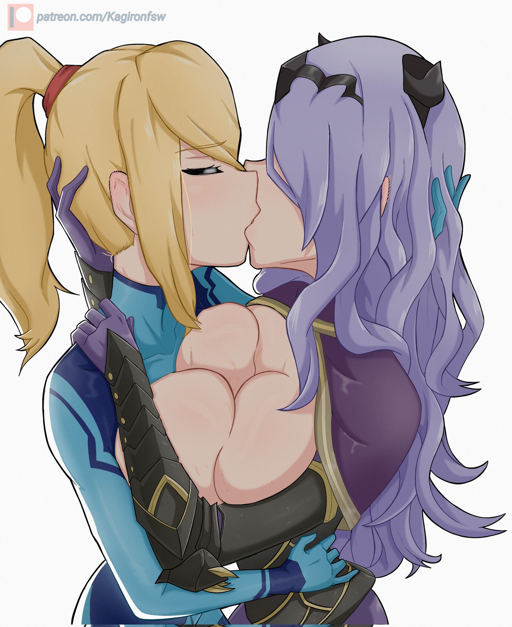 2022, 2girls, alternate breast size, artist name, big breasts, blonde hair, breast press, breasts, breasts out, camilla (fire emblem), cleavage, cleavage cutout, closed eyes, clothing cutout, company connection, couple, crossover, dock, duo, female, female only, fire emblem, fire emblem fates, gloves, hair ornament, hair over one eye, hand on head, highres, kagironsfw, kissing, large breasts, long hair, love, metroid, mutual yuri, nintendo, plain background, ponytail, purple hair, romantic, romantic couple, samus aran, simple background, standing, sweat, symmetrical docking, watermark, white background, yuri, zero suit, zero suit samus