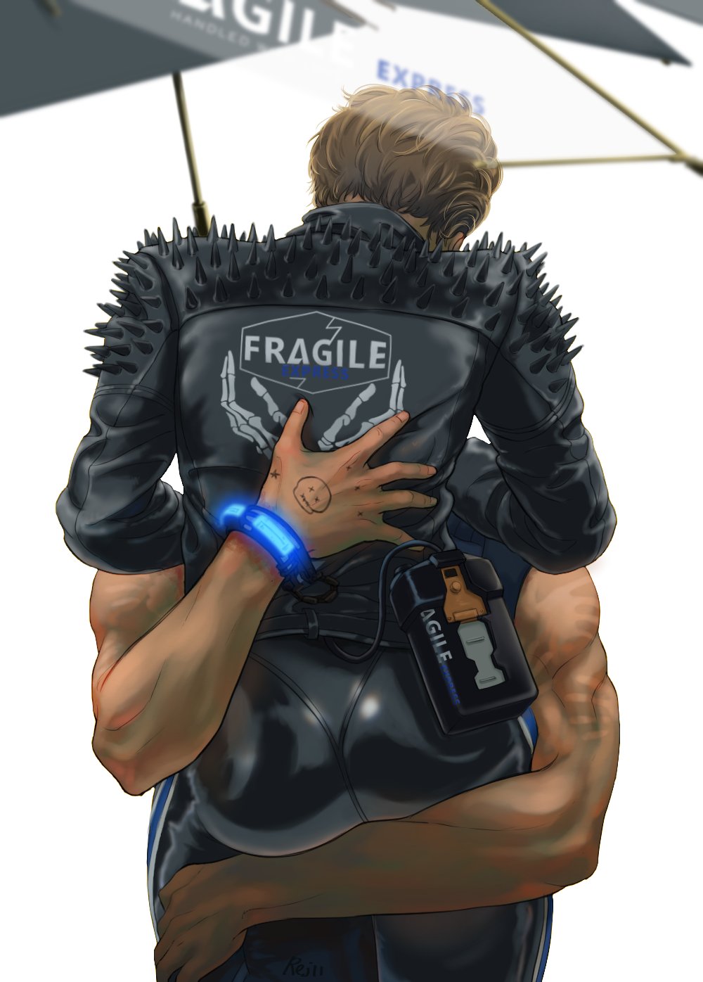 1girls big_ass bubble_butt carrying dat_ass death_stranding female female_focus fragile_(death_stranding) hugging latex lea_seydoux rej11 standing tight_clothing wholesome