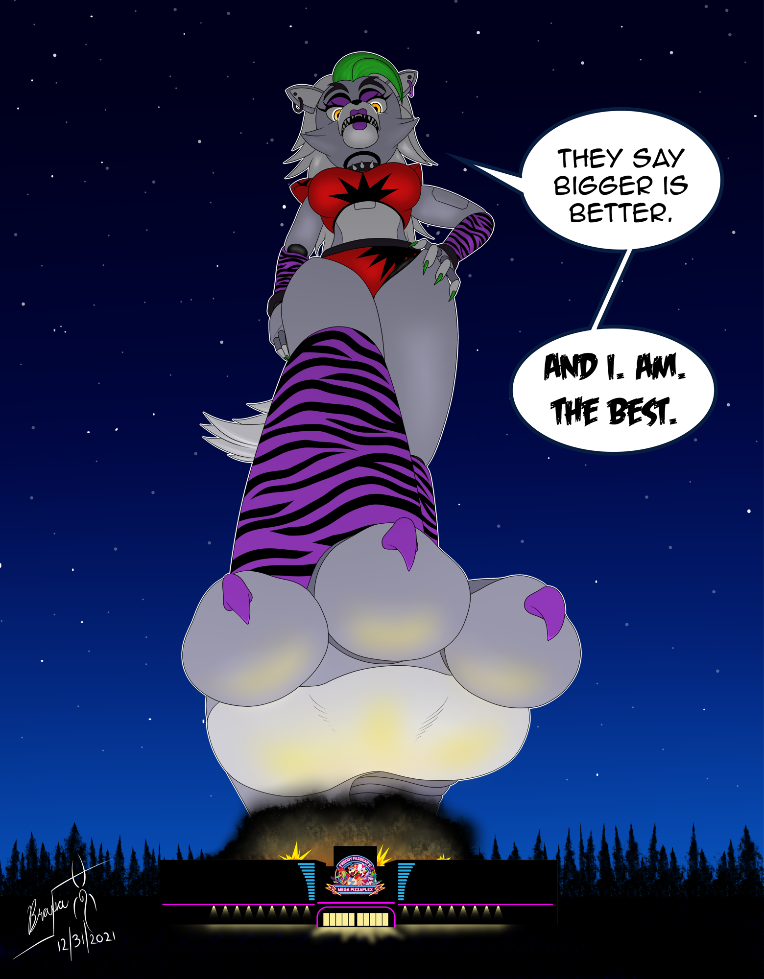 3 toes, animatronic, anthro, braxia (artist), building destruction, female, female only, five nights at freddy's, five nights at freddy's: security breach, foot crush, foot fetish, foot focus, giantess, hand on hip, hi res, looking down, macro, paws, roxanne wolf (fnaf), scottgames, speech bubble, steel wool studios, toe claws, wolf