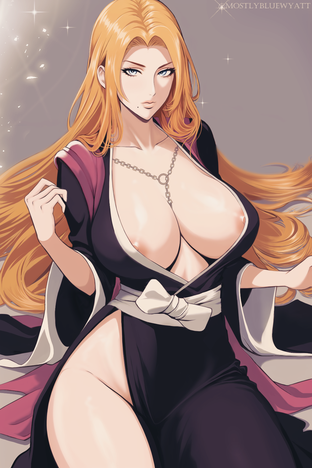 1girls areola_slip black_kimono bleach breasts female grey_eyes highres japanese_clothes jewelry kimono large_breasts long_hair looking_at_viewer matsumoto_rangiku mole mole_under_mouth mostlybluewyatt necklace orange_hair pink_shawl shawl solo voluptuous