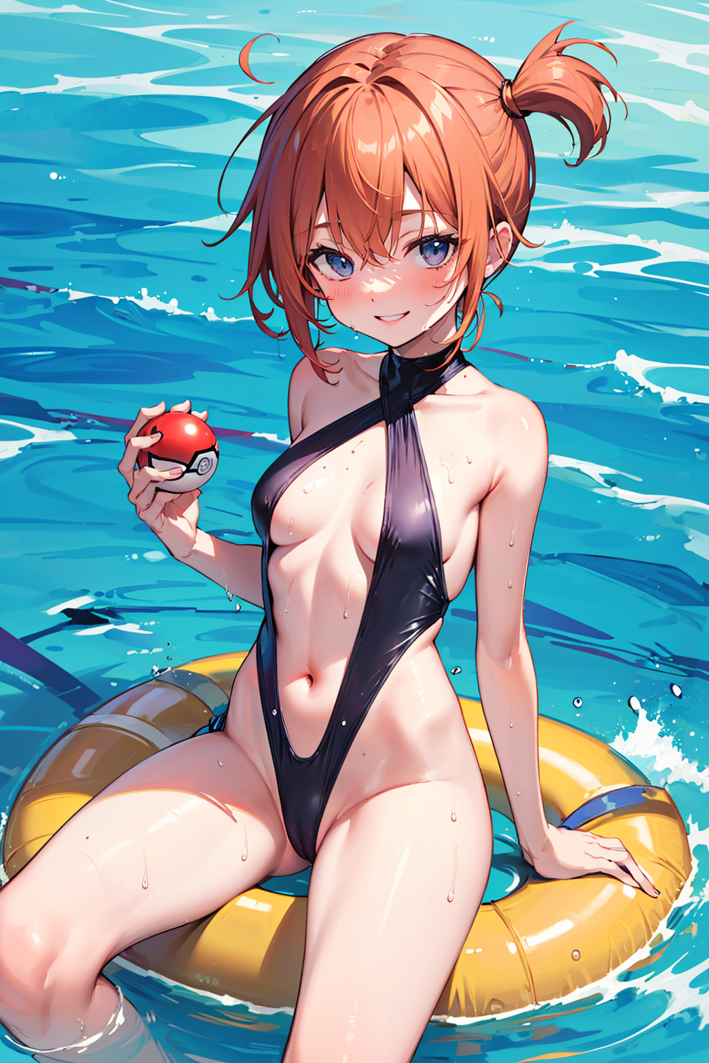 1girls, adapted costume, ai generated, armpits, asymmetrical hair, bare legs, blue eyes, breasts, cameltoe, clothing, cowboy shot, female, female only, game freak, gen 1 pokemon, gym leader, hair tie, high resolution, holding, holding object, holding poke ball, kasumi (pokemon), legs, medium breasts, navel, nintendo, ntr paradox, one-piece swimsuit, orange hair, poke ball, pokemon, ponytail, pussy, shiny, shiny skin, short hair, side ponytail, solo, swimsuit, the electric tale of pikachu, thighs, tied hair, vagina, water, wide hips