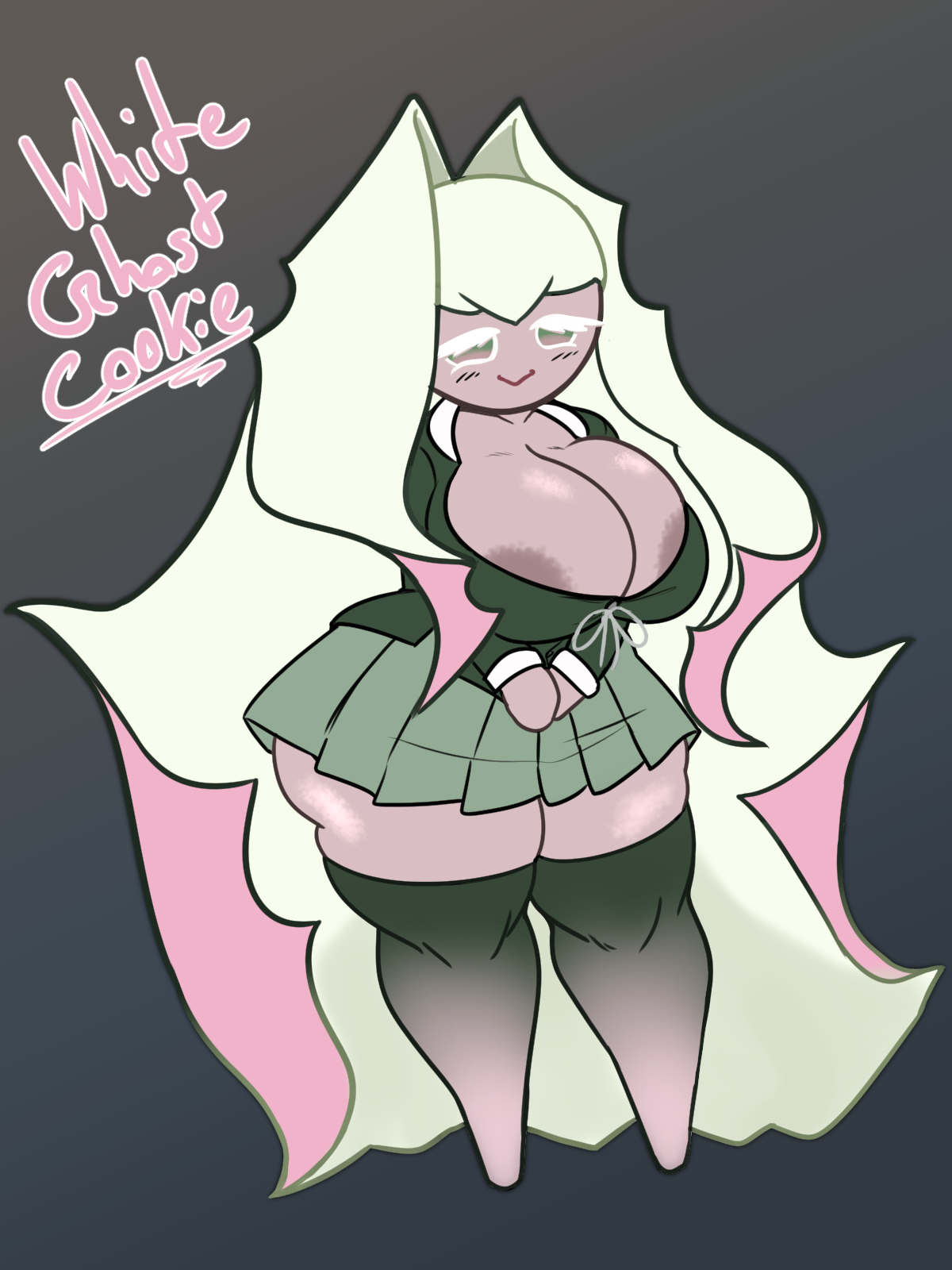 1girls, 2d, ass, background, big breasts, blush, breast bulge, breasts, cleavage, cookie, cookie run, cookie run ovenbreak, digital media (artwork), female, female focus, female only, hair, jyto, leggings, legwear, long hair, nub feet, outline, pink body, pink skin, school uniform, skirt, text, thick ass, thick thighs, thighs, white eyelashes, white ghost cookie, white hair