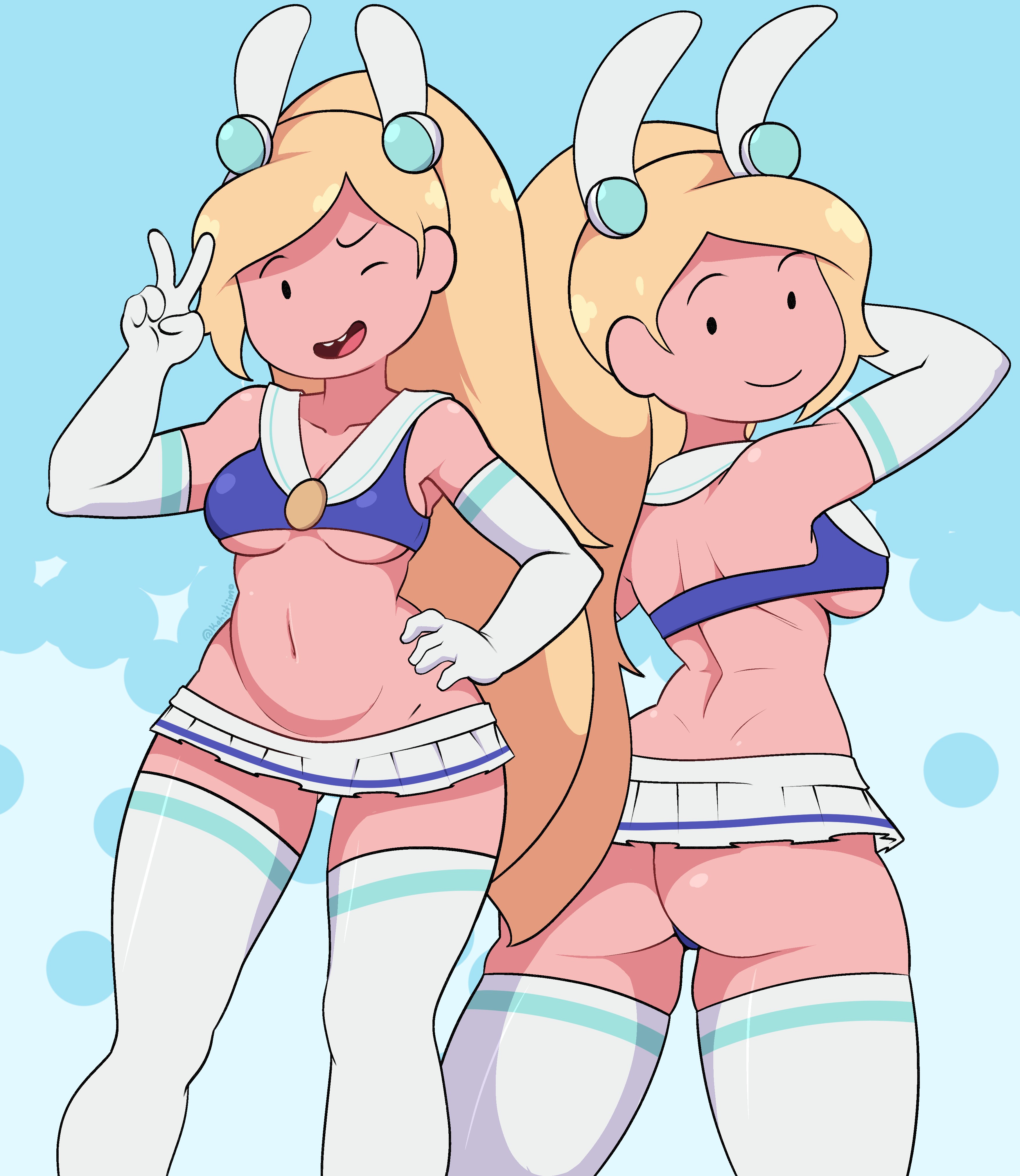 1girls, adventure time, adventure time: fionna & cake, ass, ass hanging out, ass hanging out of skirt, big breasts, blonde hair, breasts, elbow gloves, female, female focus, female only, fionna and cake, fionna campbell, fionna the human girl, front view, gloves, hand on hip, kohiitiimo, light skin, light-skinned female, long hair, looking at viewer, looking back, looking back at viewer, microskirt, miniskirt, one eye closed, ponytail, rear view, revealing clothes, short skirt, skirt, stockings, v, very long hair, wink, winking at viewer
